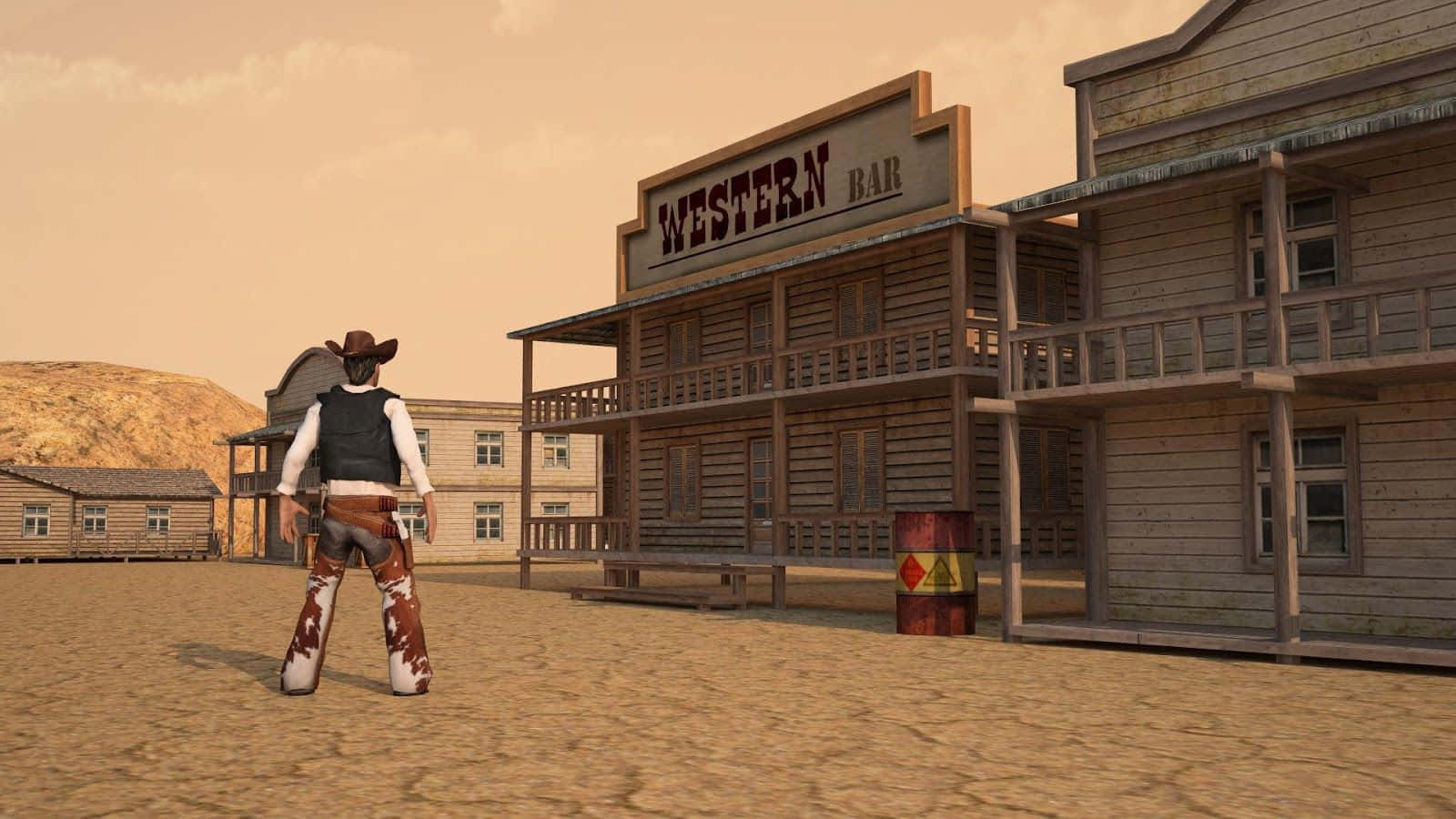 Wild West 桌布 壁紙 — 一個戴棕色帽、穿圖案褲的牛仔，站在塵土飛揚的西部小鎮，面向一間寫著 WESTERN BAR 的木造沙龍。