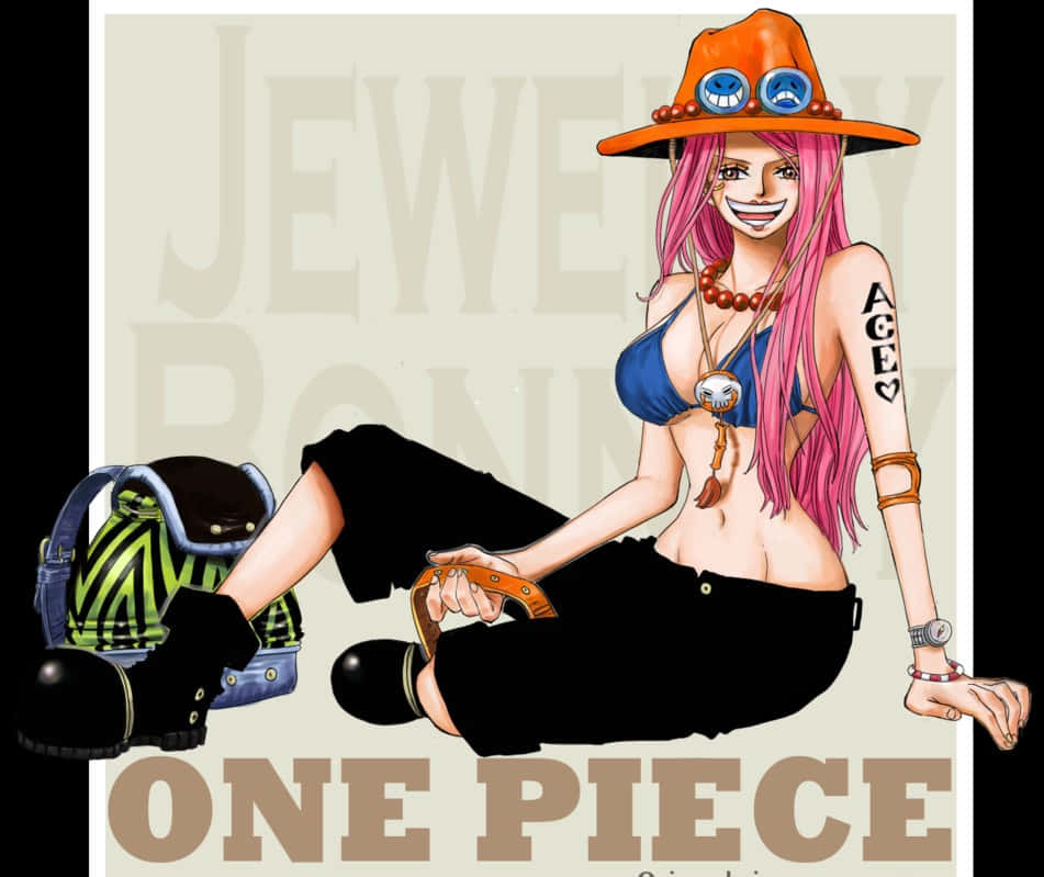 Jewelry Bonney 桌布 壁紙 — 一個戴橙色帽子、穿藍色上衣、粉紅色頭髮的開心動畫女孩，旁邊放著一個背包，隨意地坐著。