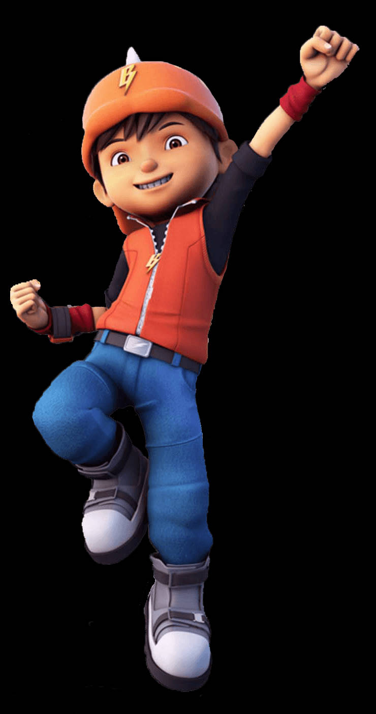 Cartoon Characters 桌布 壁紙 — 一個戴橙色帽子和背心的開心動畫男孩，在黑色背景上高興地跳躍，舉起一隻拳頭。