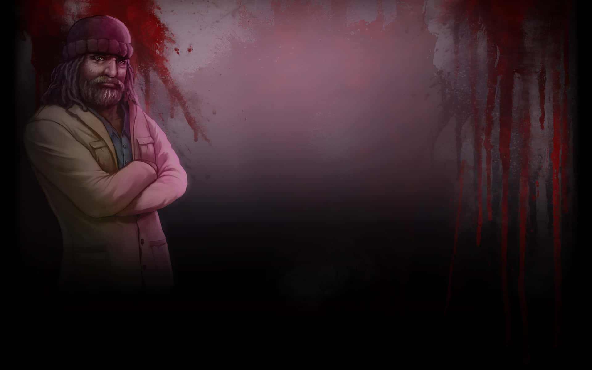 Hotline Miami 桌布 壁紙 — 一個戴毛帽、鬍鬚濃密的兇猛男人，雙臂交叉，靠在一面濺滿紅色血跡的黑暗牆壁上。