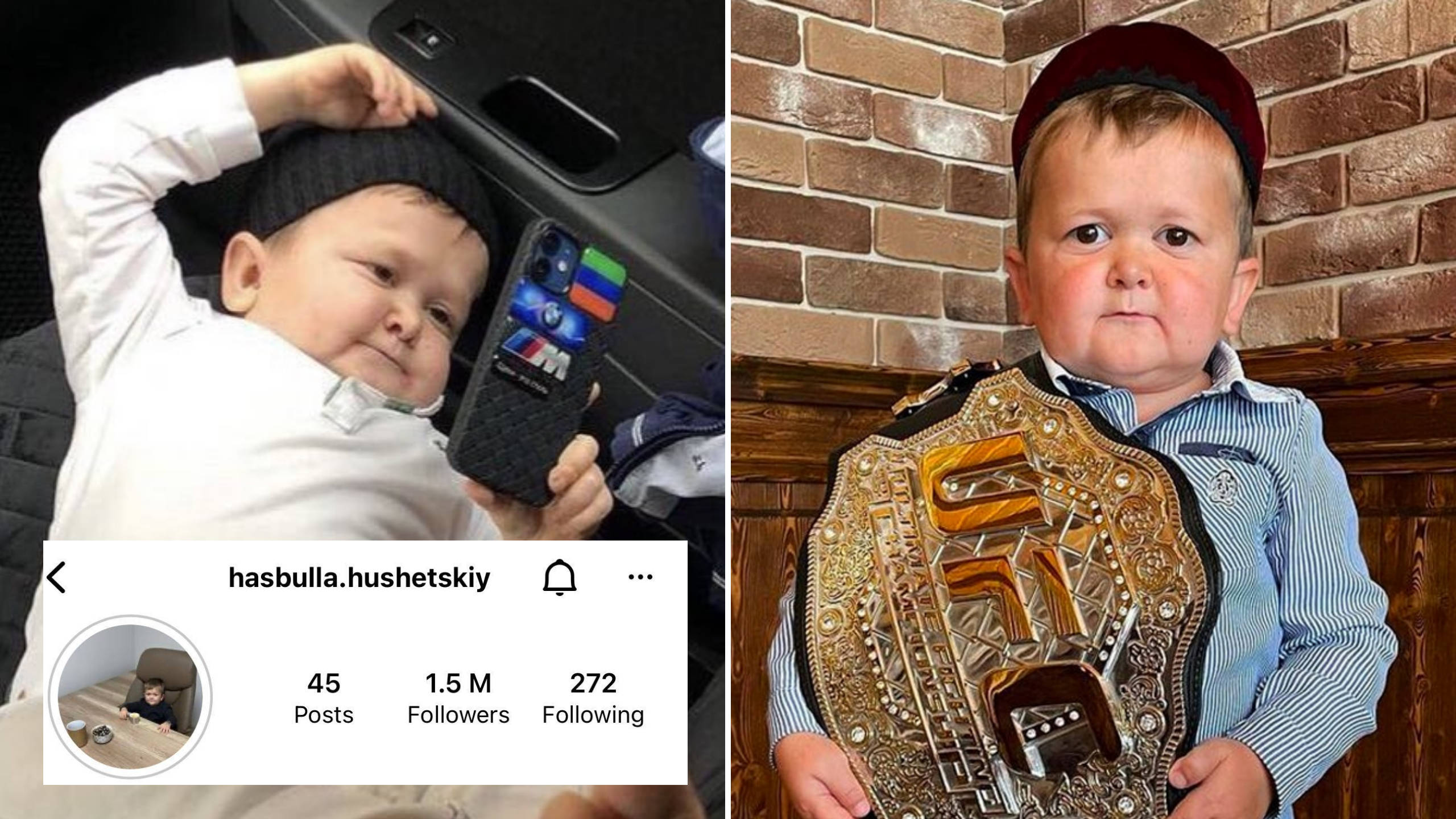 UFC 桌布 壁紙 — 一個戴毛帽的胖嘟嘟幼兒拿著手機，另一張照片顯示他靠在磚牆上戴著UFC冠軍腰帶。