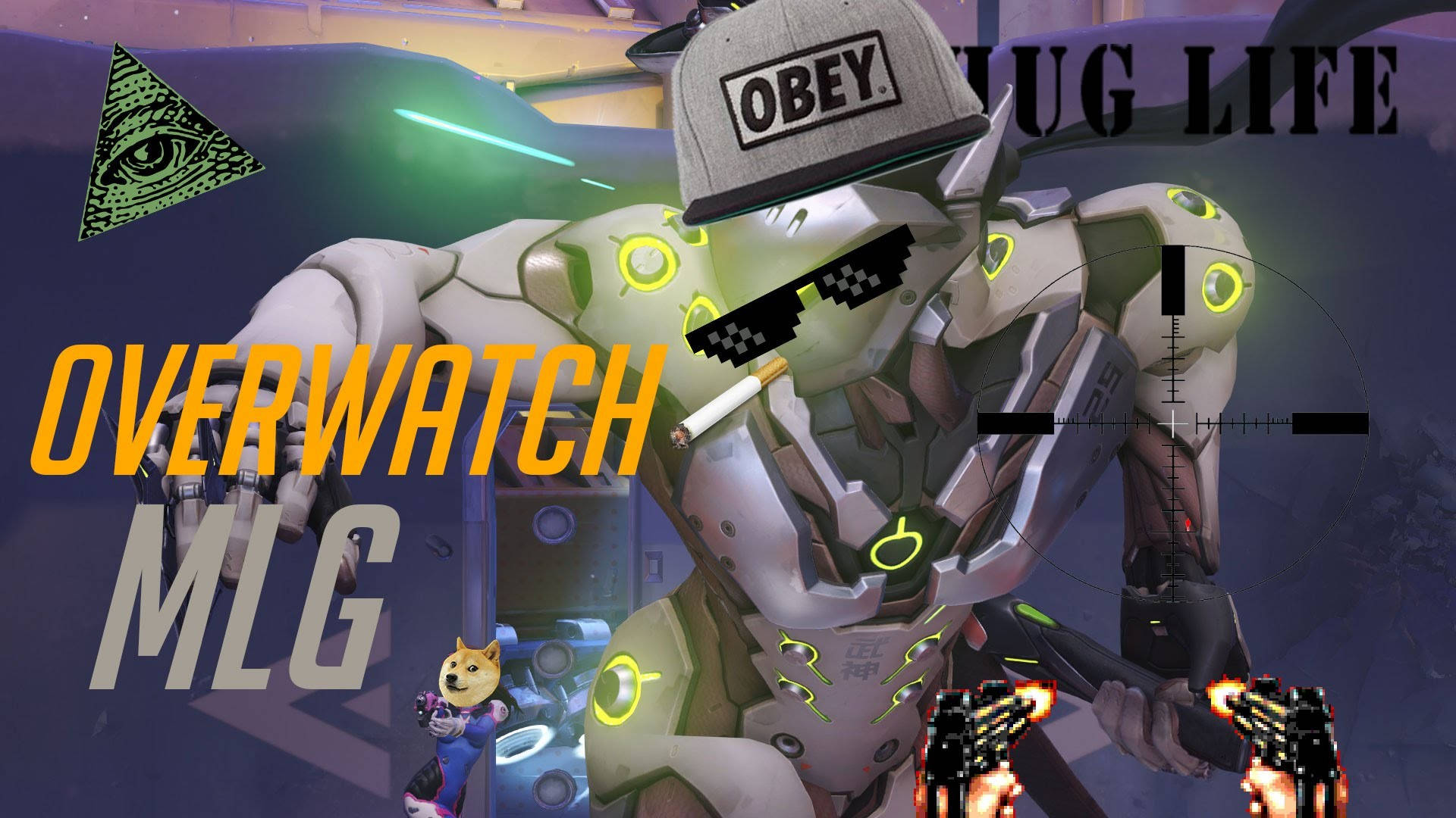 Mlg 桌布 壁紙 — 一個戴灰色帽子和像素化太陽眼鏡的賽博龐克 Overwatch 角色，一邊抽煙一邊拿著帶有發光綠色點綴的武器。