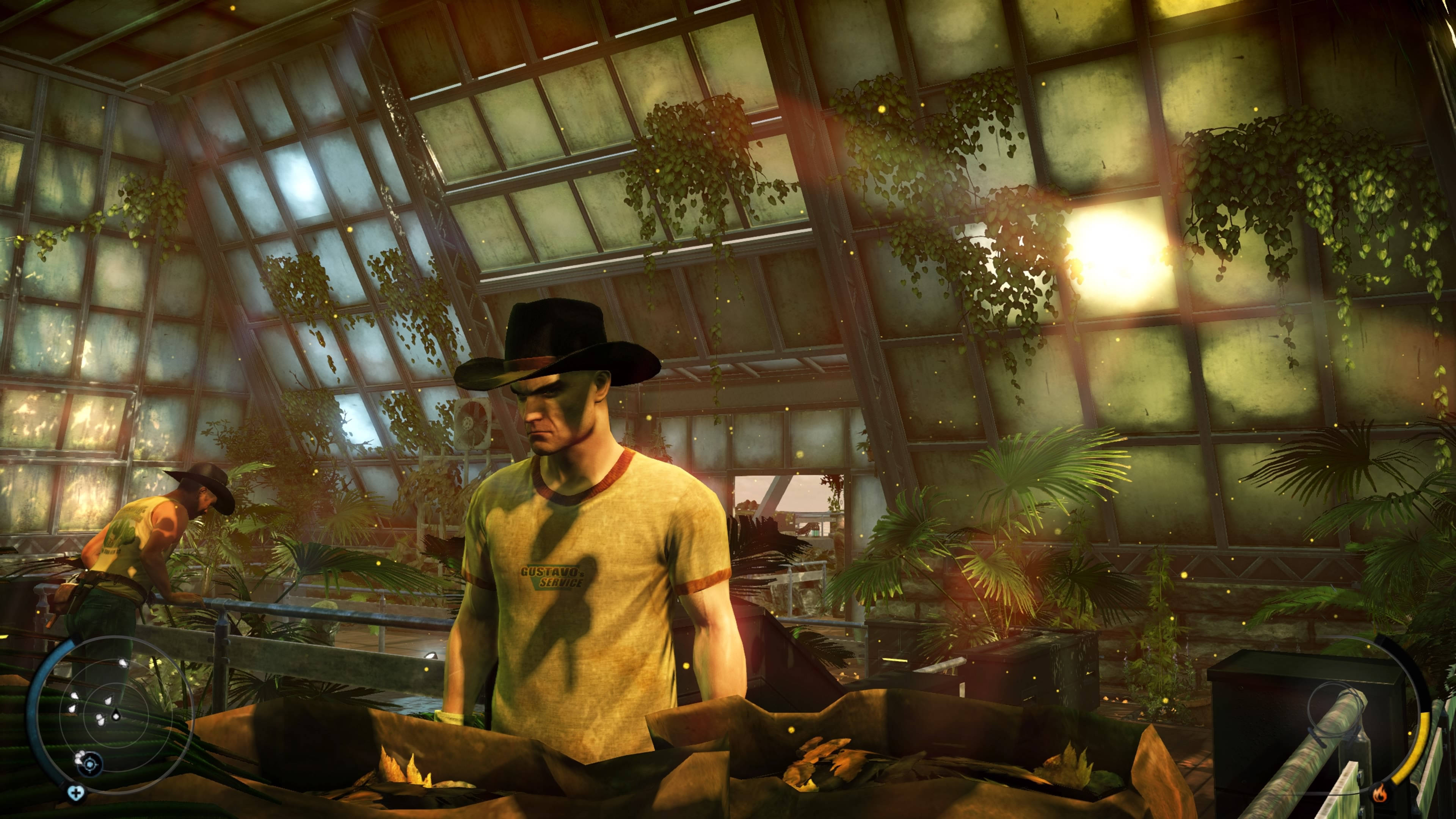 hitman absolution HD 桌布 壁紙 — 一個戴牛仔帽的男人站在陽光普照、長滿藤蔓和熱帶植物的溫室內。
