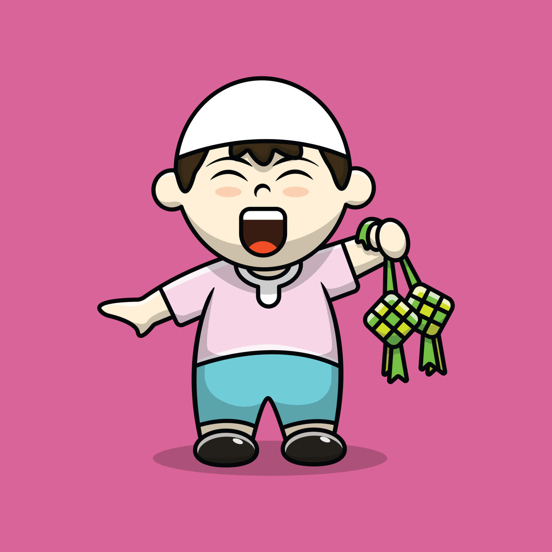 男孩 桌布 壁紙 — 一個戴白帽、穿粉紅色襯衫的快樂卡通男孩，在純粉紅色背景前開心地拿著兩個綠色ketupat。