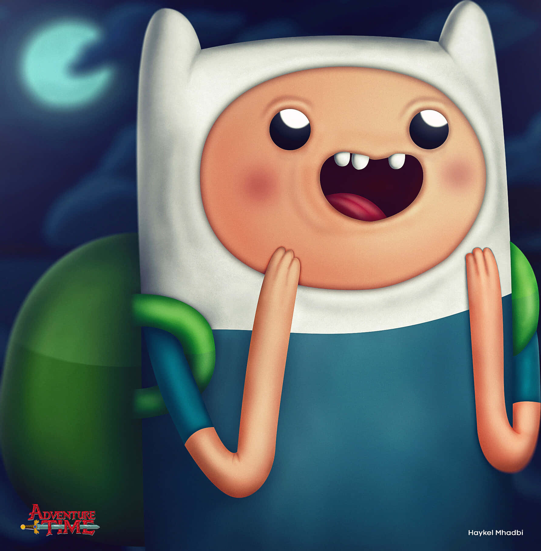 Adventure Time Cute 桌布 壁紙 — 一個戴白帽、背綠色背包的卡通男孩在夜晚的彎月下睜大眼睛微笑。