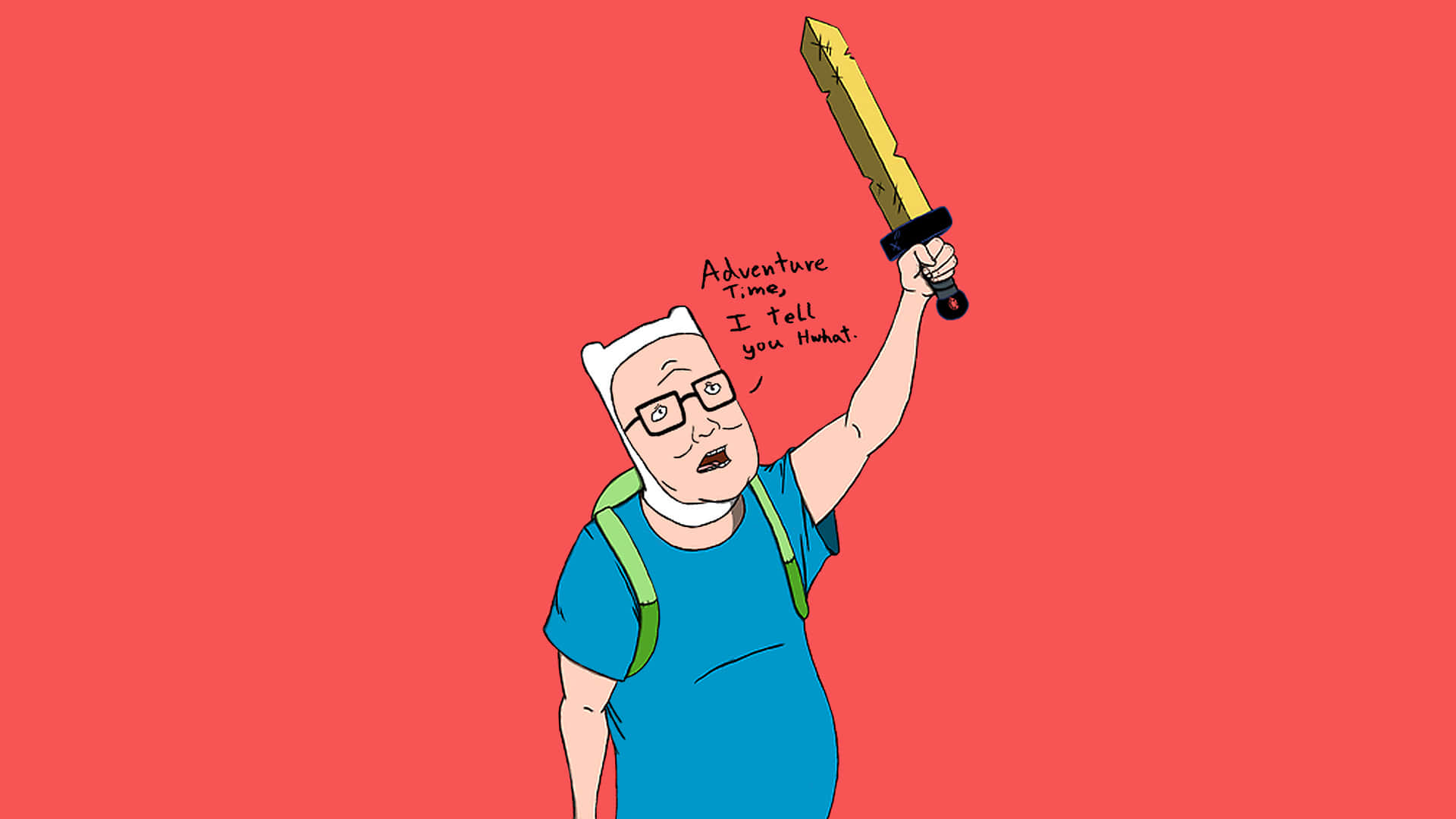 Cartoon 桌布 壁紙 — 一個戴白帽和眼鏡的卡通角色，在純珊瑚色背景前舉起一把金色劍。