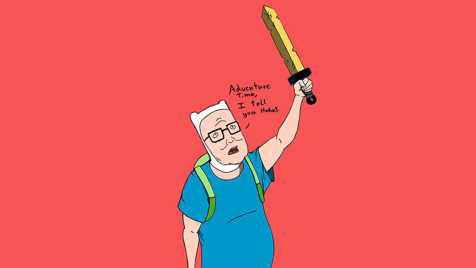 山丘之王 桌布 壁紙 — 一個戴白帽和眼鏡的卡通角色，在純珊瑚色背景前舉起一把金色劍。