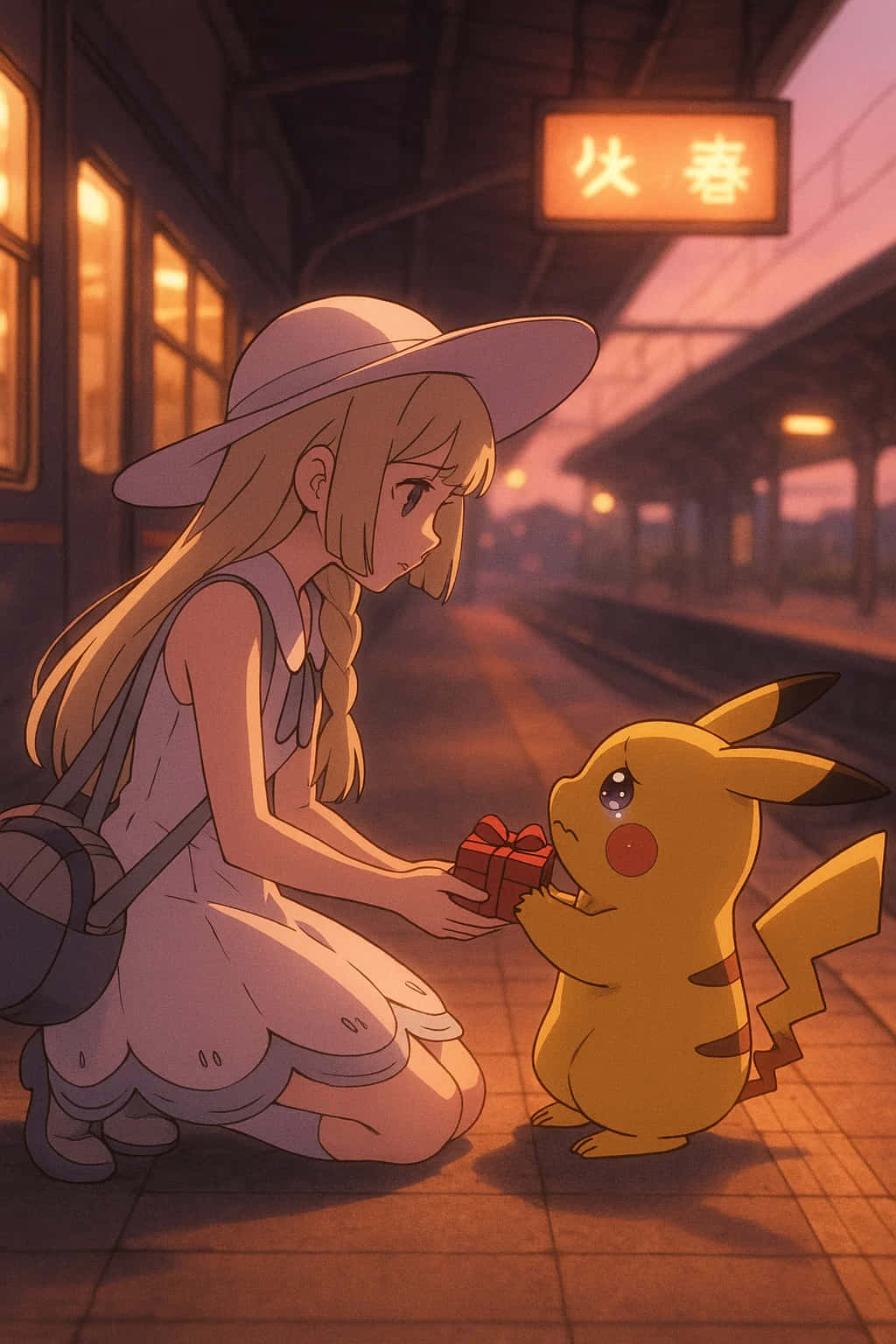 Pikachu HD Wallpaper WEBP 4K Background Download 壁紙 — 一個戴白帽的女孩在黃昏時跪在火車月台上，在溫暖的燈光下向黃色的皮卡丘遞上紅色禮物。