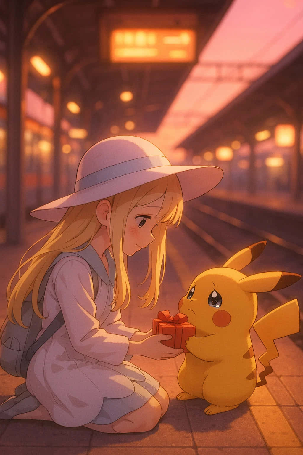 Pikachu HD Wallpaper WEBP 4K Background Download 壁紙 — 一個戴白帽的女孩跪在火車站月台上，在溫暖的日落燈光下向黃色皮卡丘遞上一個紅色禮物盒。