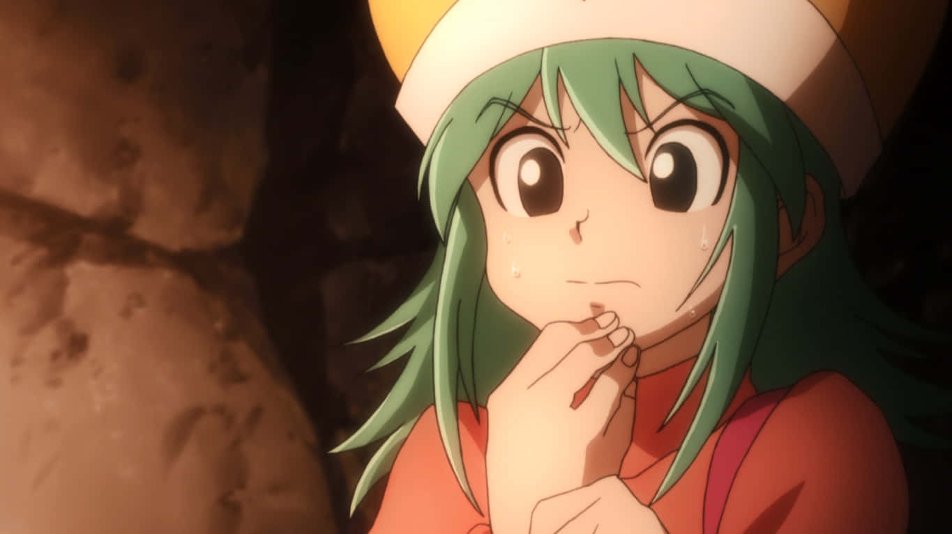 Hunter X Hunter Ponzu 桌布 壁紙 — 一個戴白帽的綠髮動漫女孩在昏暗洞穴中，眼淚汪汪，手指放在嘴唇上，看起來很緊張。