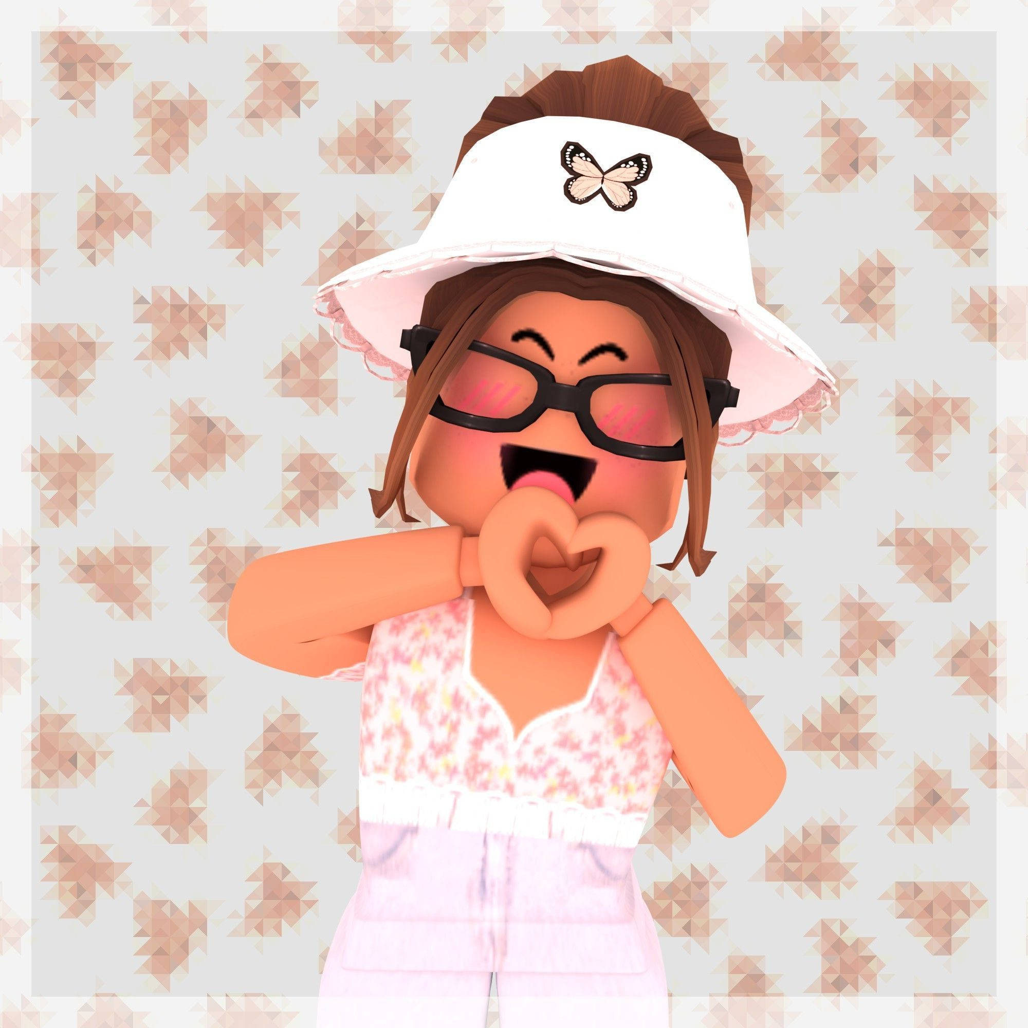 Roblox 女孩 桌布 壁紙 — 一個戴白色帽子和眼鏡的開心Roblox虛擬角色在幾何圖案背景前用手做出心形。
