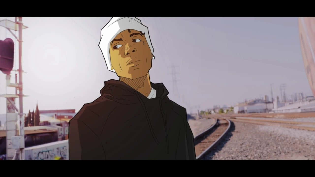 NBA YoungBoy 桌布 壁紙 — 一個戴白色毛帽和黑色連帽衫的年輕男子站在火車鐵軌旁，背景是朦朧的陽光和工業建築。