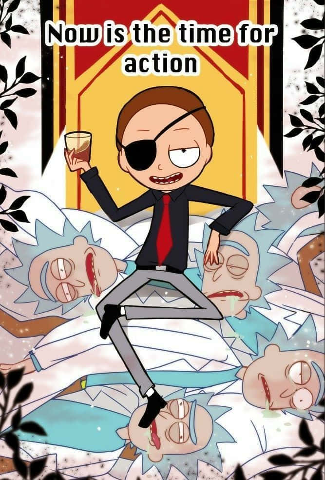 Evil Morty 桌布 壁紙 — 一個戴眼罩、打紅色領帶的卡通角色，勝利地坐在被打敗的Rick Sanchez複製人身上，手持飲料。