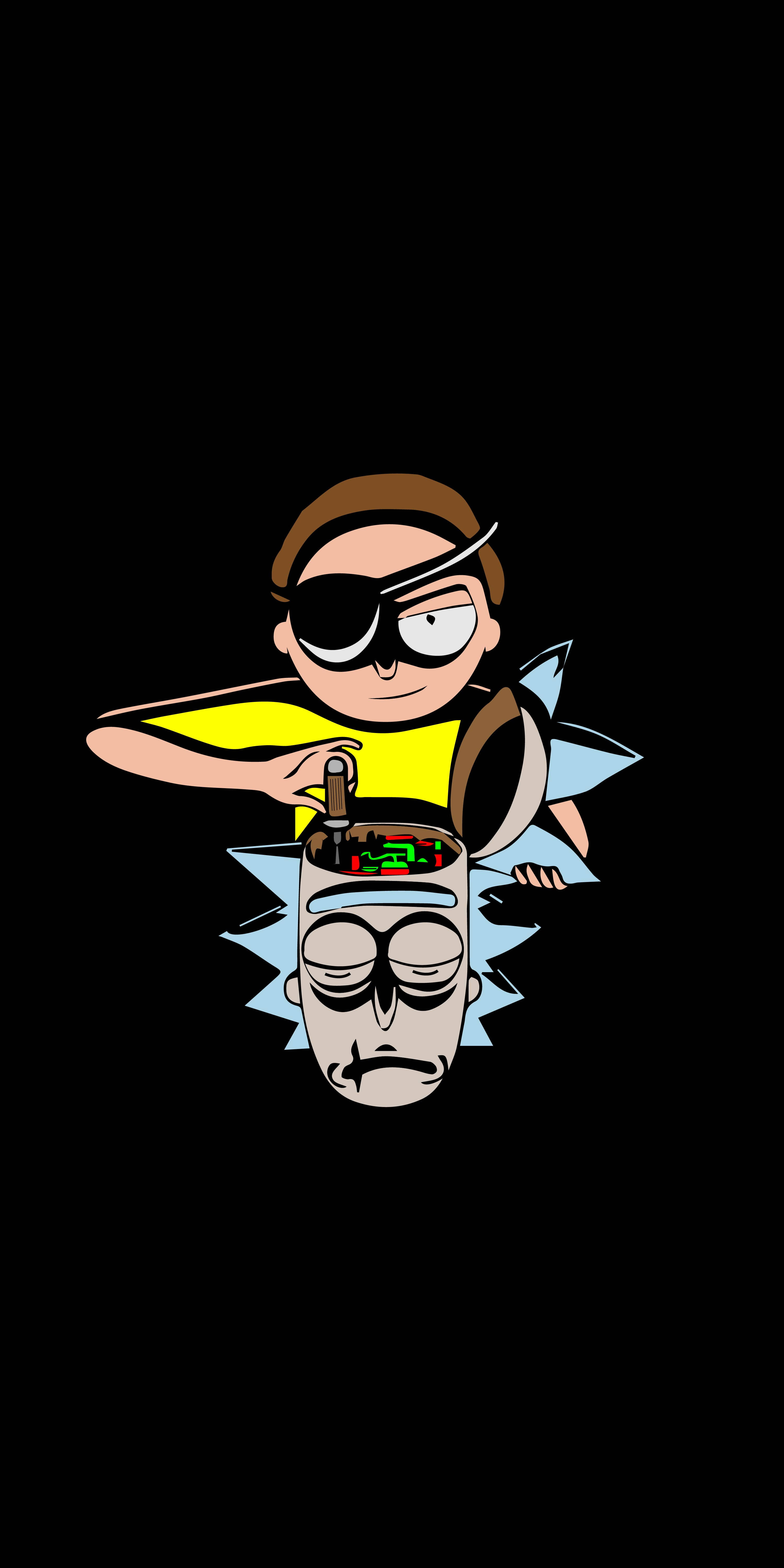 rick 桌布 壁紙 — 一個戴眼罩、穿黃色襯衫的卡通男孩，站在漂浮的、倒轉的瑞克·桑切斯頭上，抱著一個美式足球。