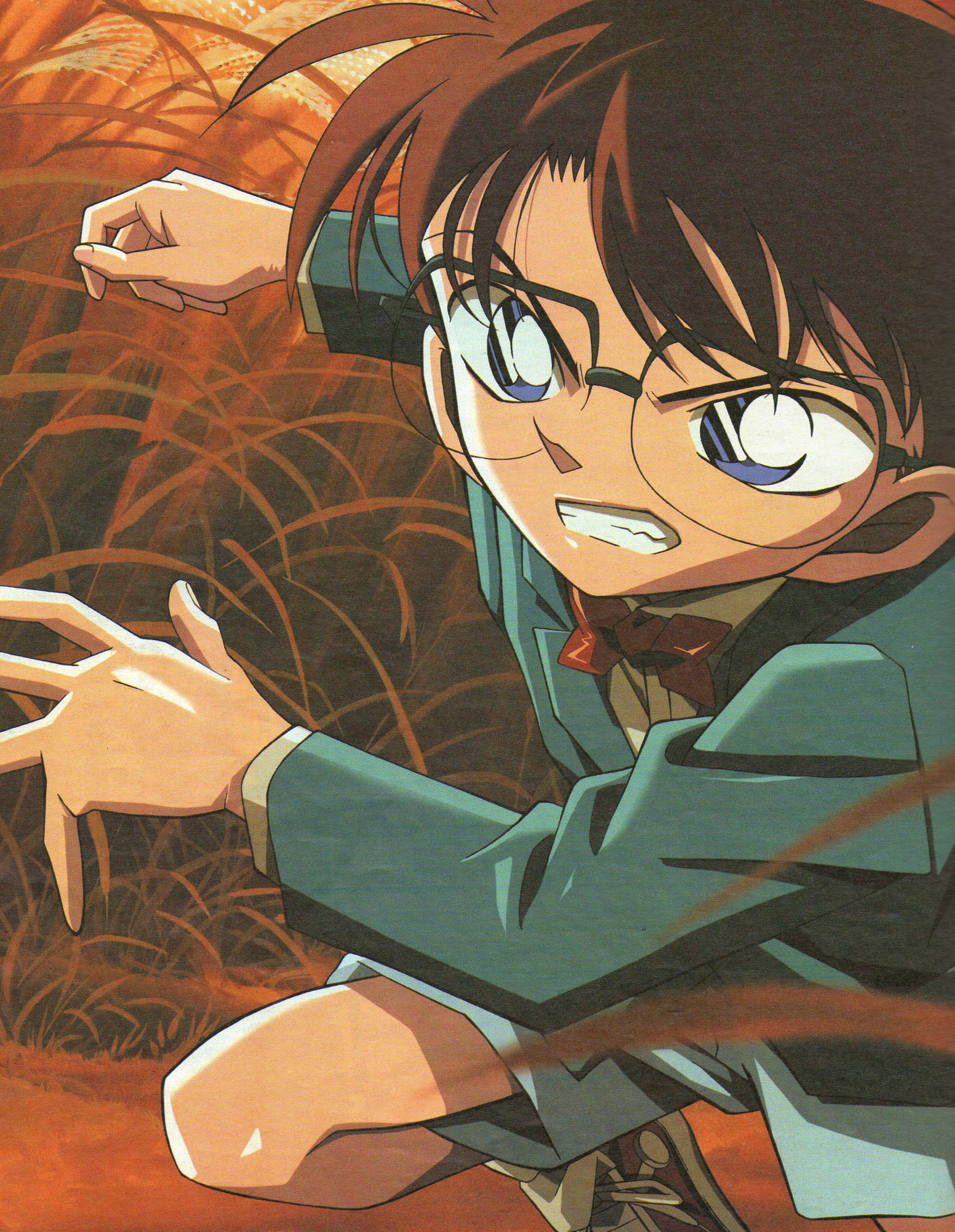 conan 桌布 壁紙 — 一個戴眼鏡、意志堅定的動畫男孩蹲在高高的橙色草叢中，雙手伸出，彷彿準備跳躍。