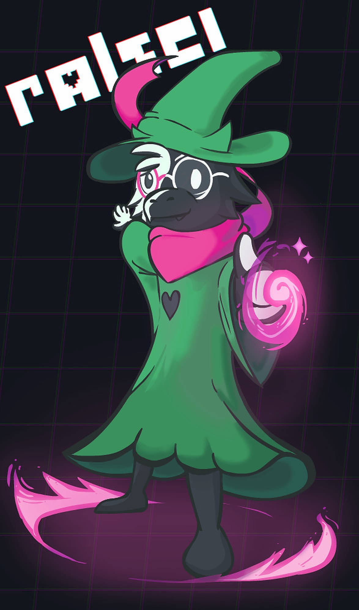 Ralsei 桌布 壁紙 — 一個戴眼鏡、戴綠色帽子的卡通女巫，在深色網格背景前揮舞著發光的粉紅色魔杖。