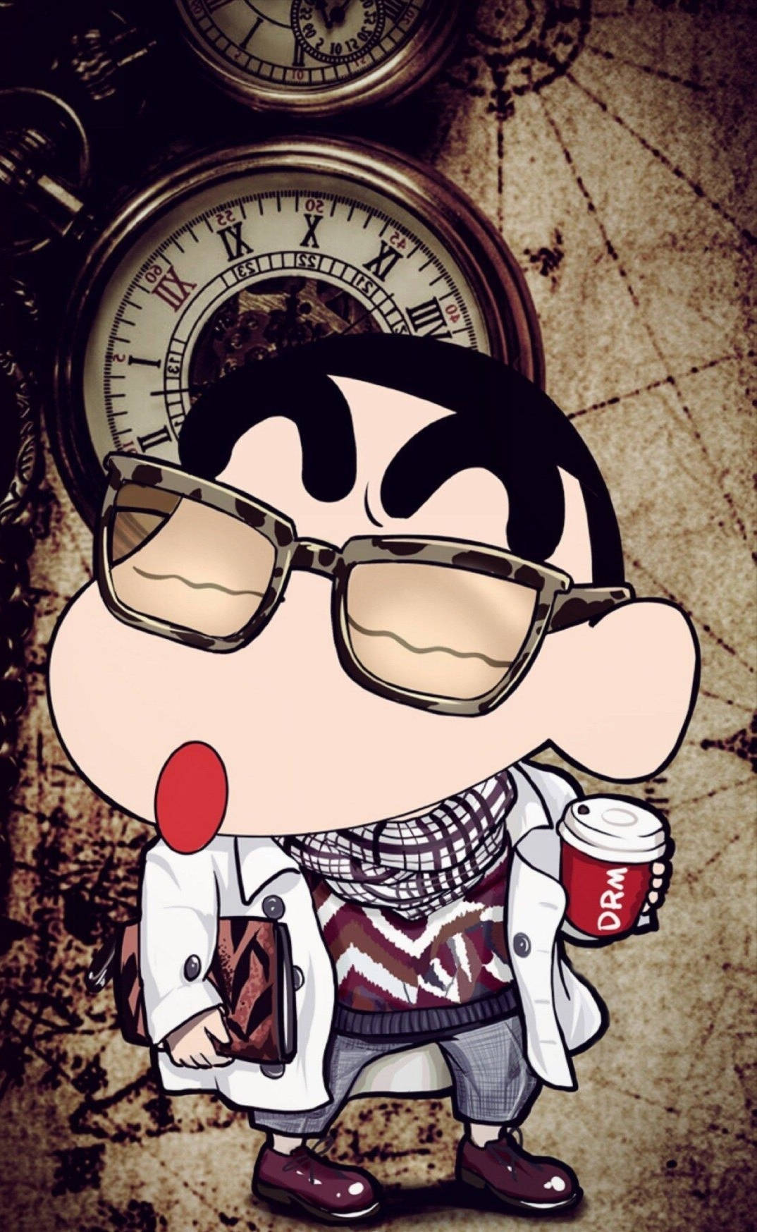 Shin Chan 桌布 壁紙 — 一個戴眼鏡、拿著咖啡杯的卡通角色站在有紋理背景的復古時鐘前。