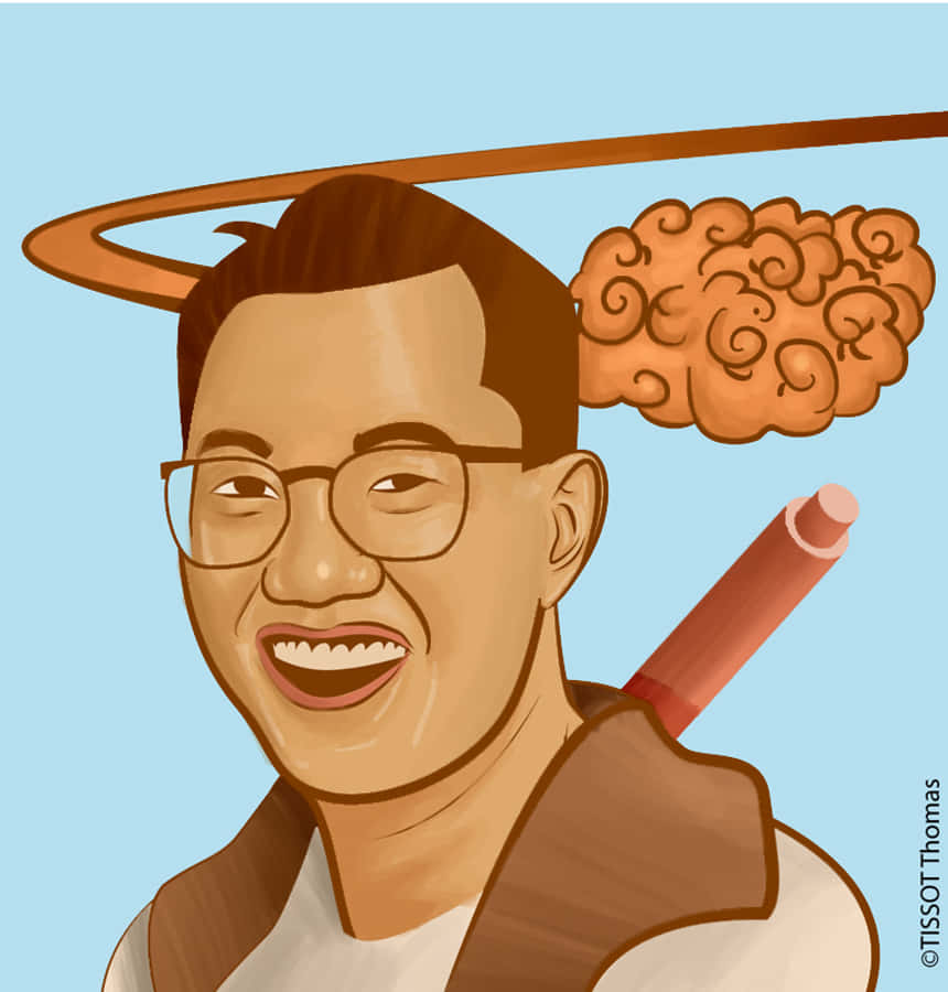 Akira Toriyama 桌布 壁紙 — 一個戴眼鏡、有光環的快樂插圖男子微笑著，一個大腦漂浮在他的頭頂上。