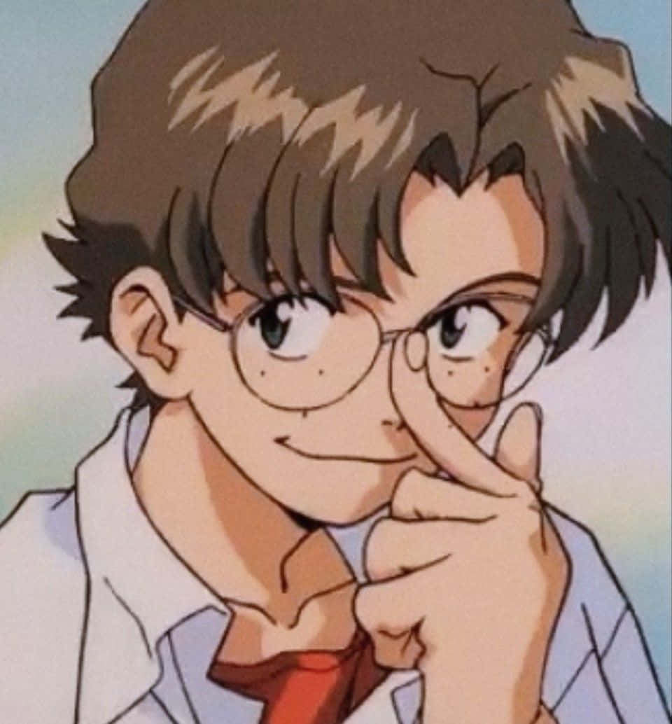 Kensuke Aida 桌布 壁紙 — 一個戴眼鏡、棕色亂髮的動漫男孩的近距離特寫，微笑著用手指觸摸鼻子。