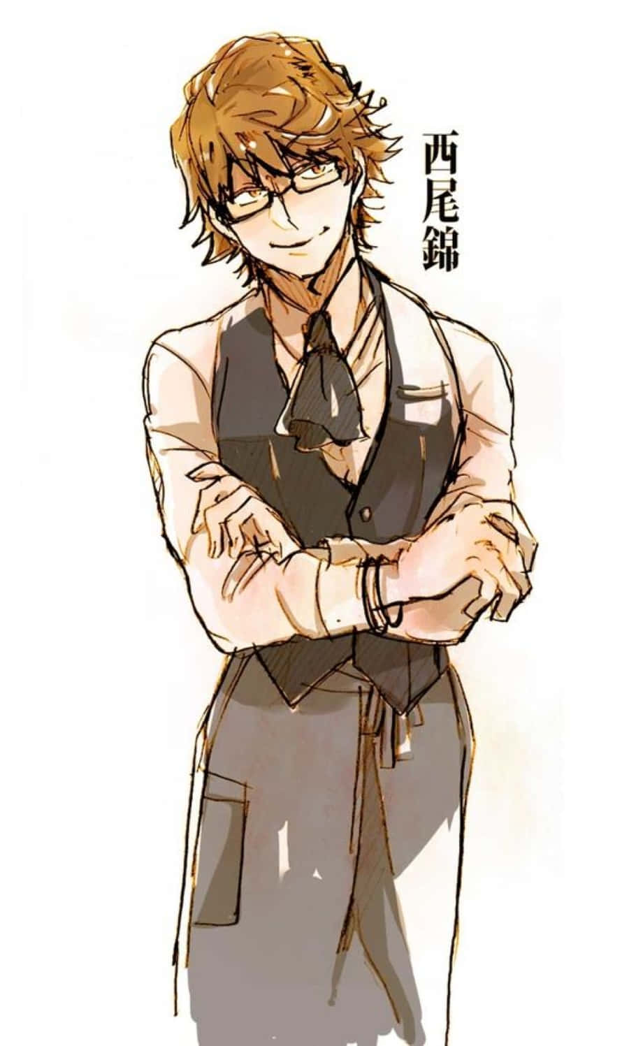 Nishiki Nishio 桌布 壁紙 — 一個戴眼鏡、棕色亂髮的開朗動畫男孩，穿著背心和圍裙，自信地交叉雙臂站立。