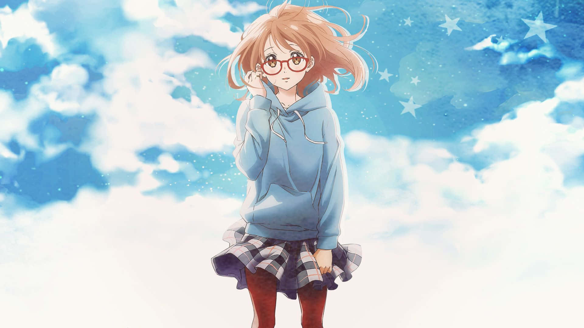 Mirai 桌布 壁紙 — 一個戴眼鏡、橙色頭髮的年輕動漫女孩，站在充滿雲朵和星星的夢幻天空中，穿著藍色連帽衫和格子裙。