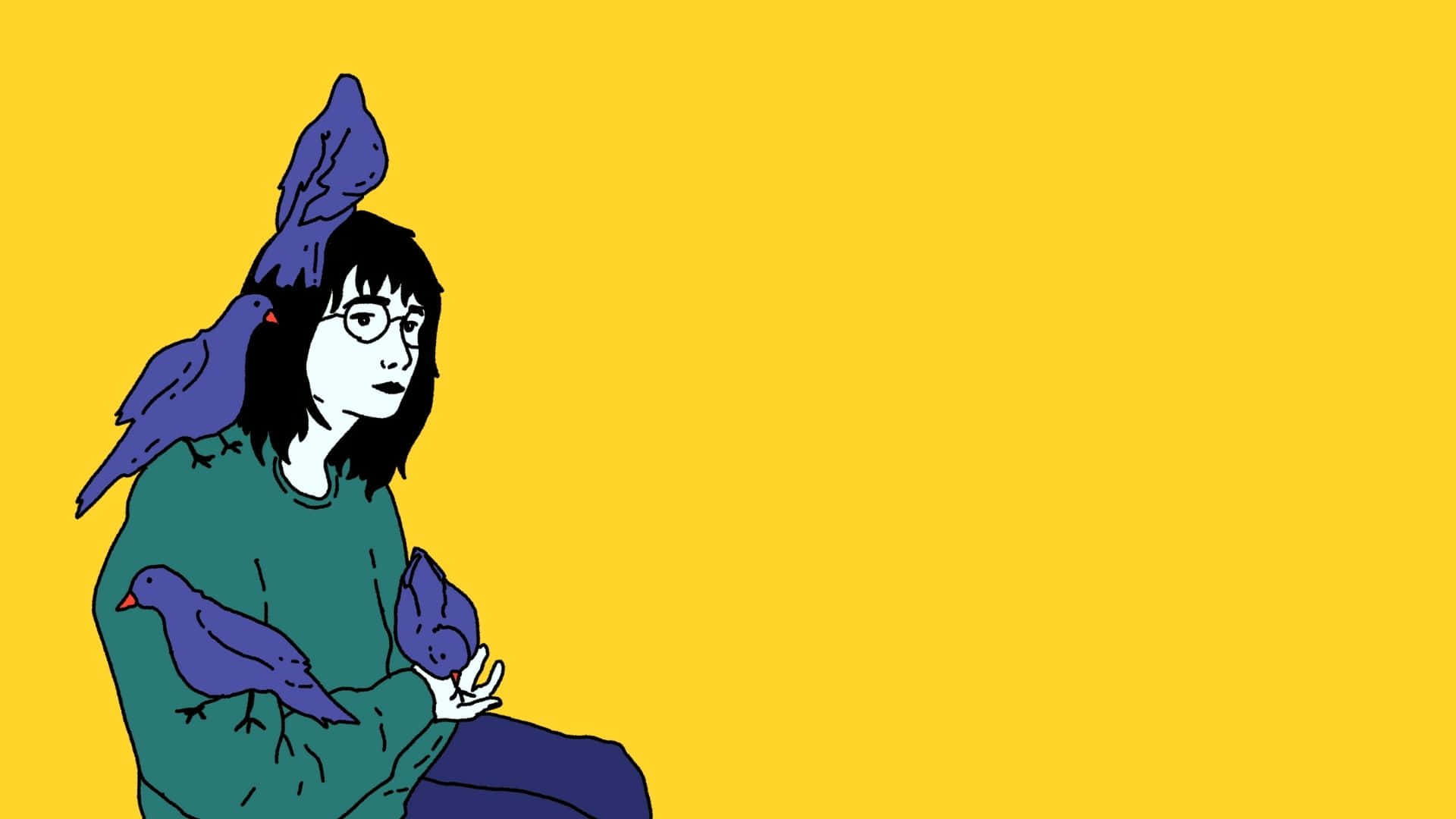 女孩 桌布 壁紙 — 一個戴眼鏡、深色頭髮的人物風格化插圖，被紫色鳥類環繞，背景為純黃色。