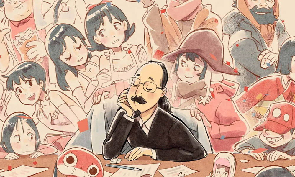 satoshi kon 桌布 壁紙 — 一個戴眼鏡、留鬍子、疲憊不堪的男人坐在雜亂的書桌前，周圍是歡快的動漫風格兒童和奇異的生物。