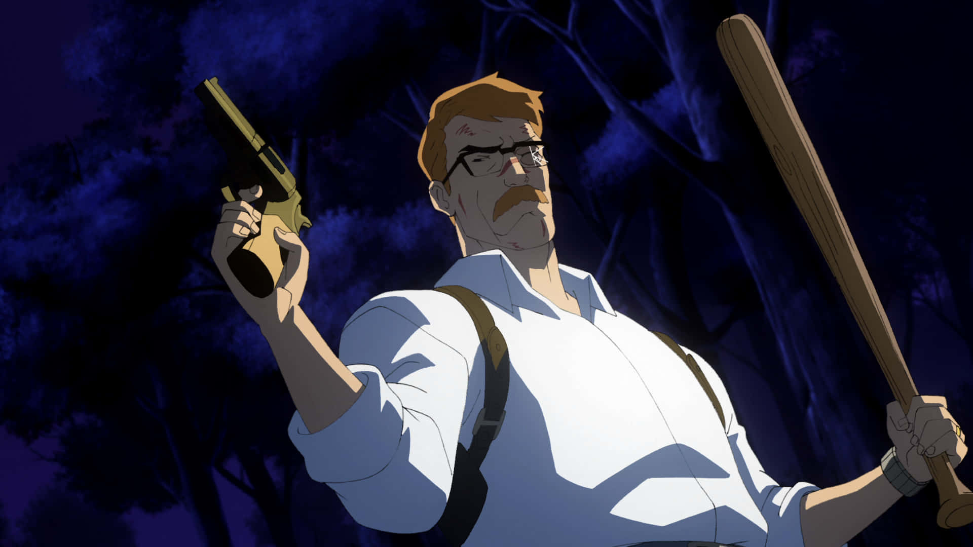 Commissioner Gordon 桌布 壁紙 — 一個戴眼鏡、留鬍子的堅定動畫男子，在深藍色夜空和剪影樹木下拿著槍和棒球棍。