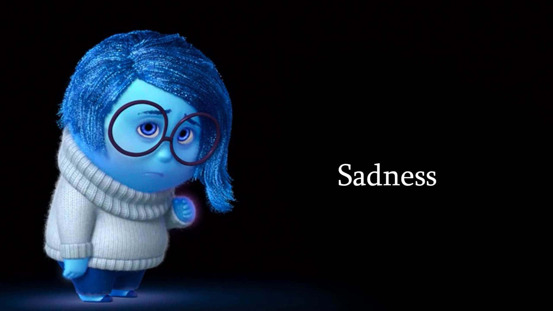 sadness 桌布 壁紙 — 一個戴眼鏡、穿白色毛衣的藍色動畫角色站在標有 'Sadness' 的黑色背景前。