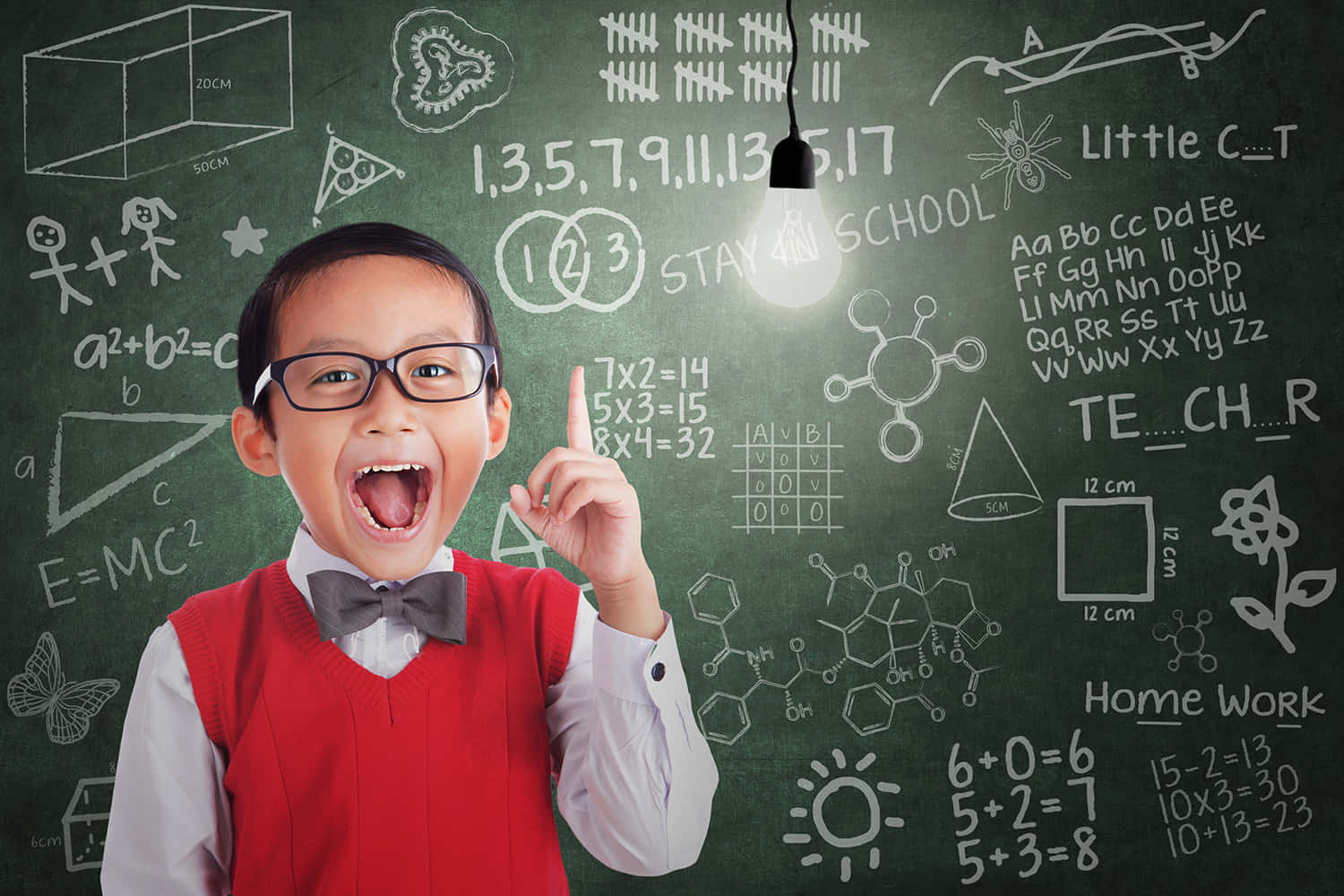 Learning 桌布 壁紙 — 一個戴眼鏡、穿紅色背心的快樂小男孩興奮地指著一塊滿是數學、科學和字母圖畫的黑板上發光的燈泡。