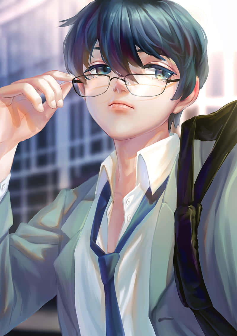 動漫男孩 桌布 壁紙 — 一個戴眼鏡、穿著校服的年輕動漫男孩在模糊的城市背景下調整他的眼鏡。