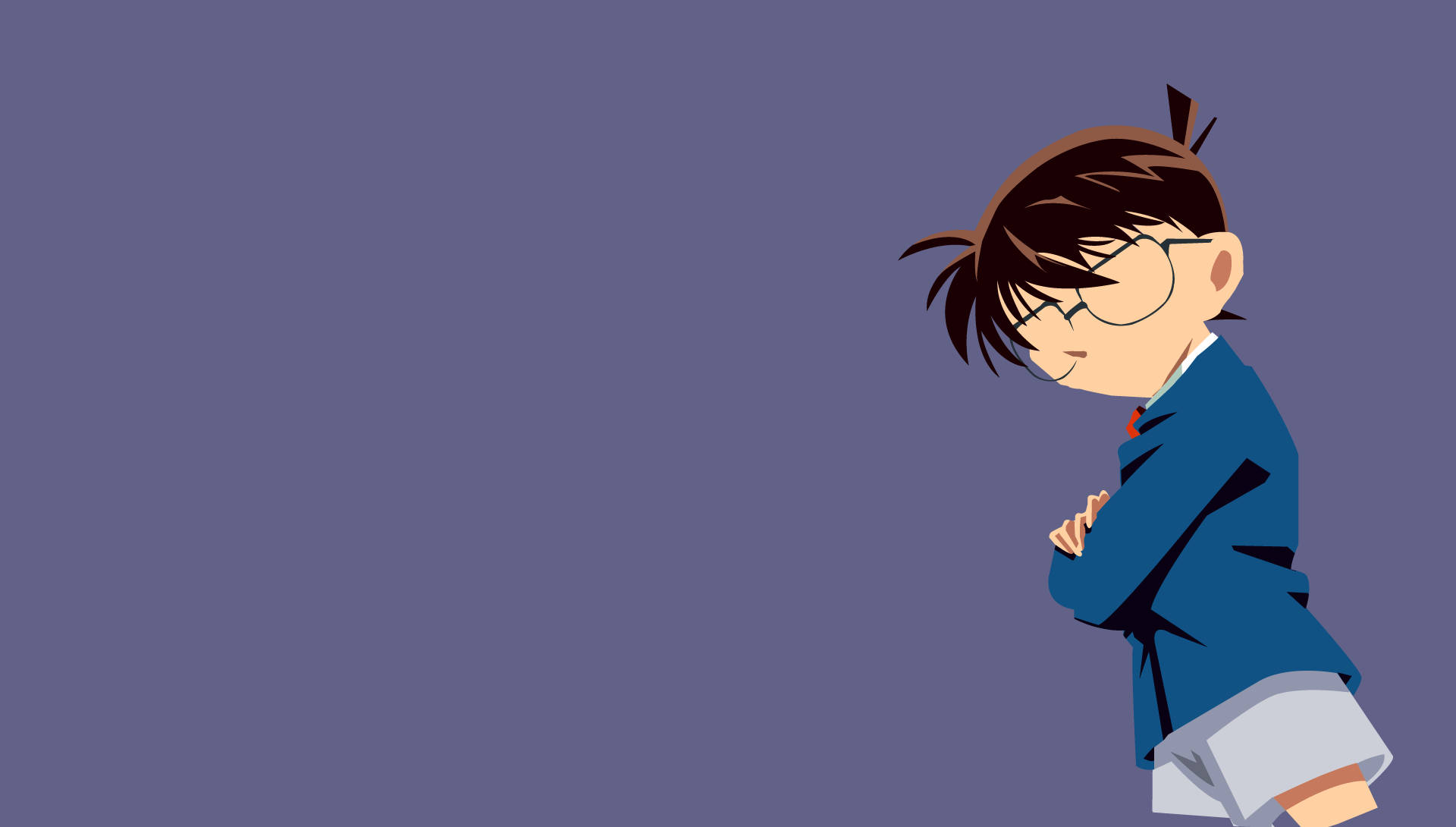 conan 桌布 壁紙 — 一個戴眼鏡、穿著藍色校服的年輕動漫男孩，自信地站在純紫色背景前。