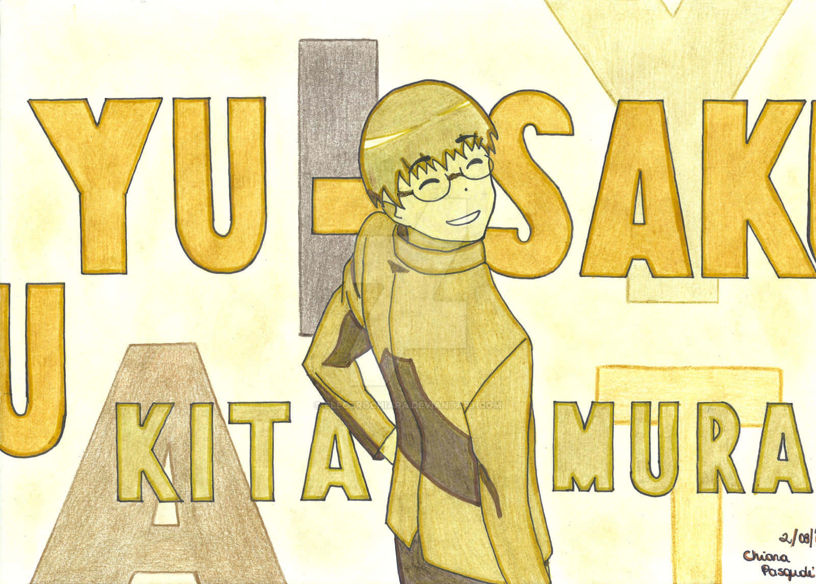 Yusaku Kitamura 桌布 壁紙 — 一個戴眼鏡、穿著黃色外套的開朗動畫男孩，自信地站在由金色大字拼出他名字的背景前。
