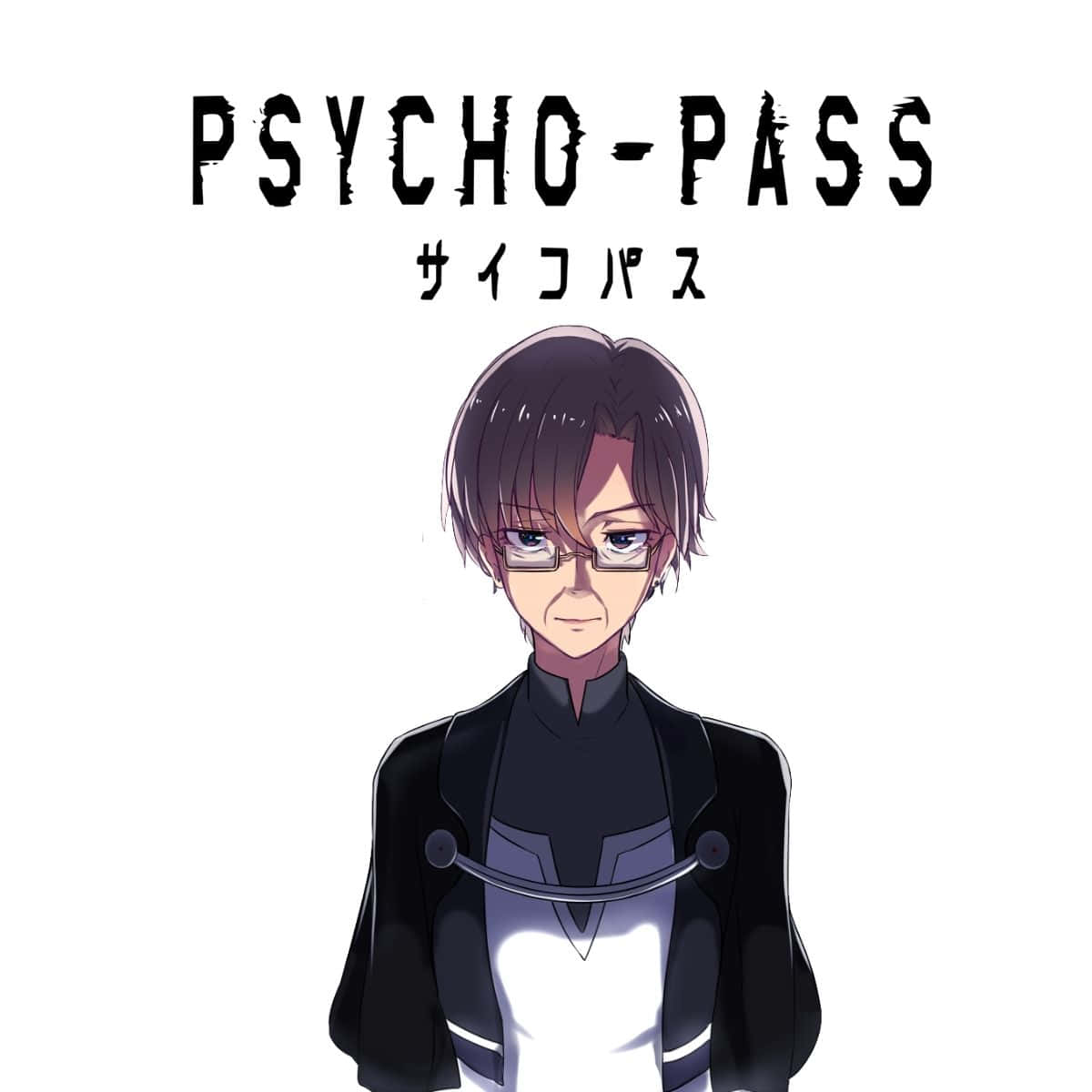 Joshu Kasei 桌布 壁紙 — 一個戴眼鏡、穿黑色制服的認真動漫角色，站在粗體的「PSYCHO-PASS」標題下方。