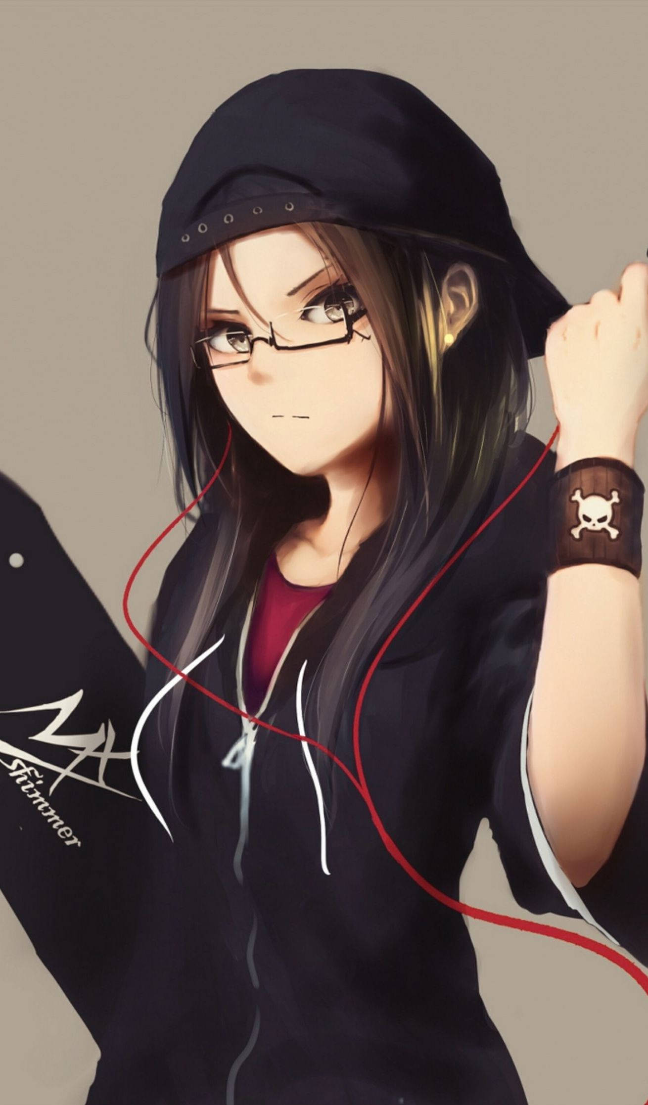 Tomboy Anime Girl 桌布 壁紙 — 一個戴眼鏡、穿黑色連帽衫的動漫女孩，一邊用紅色耳機聽音樂，一邊調整帽子。