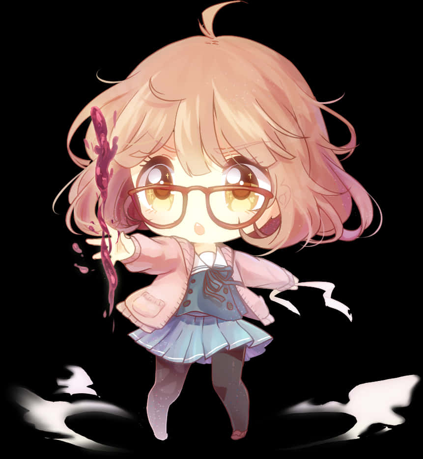 Anime Chibi 桌布 壁紙 — 一個戴眼鏡、粉紅色頭髮的Q版動漫女孩，在黑色背景上帶有白色煙霧，手持發光的粉紅色法杖。