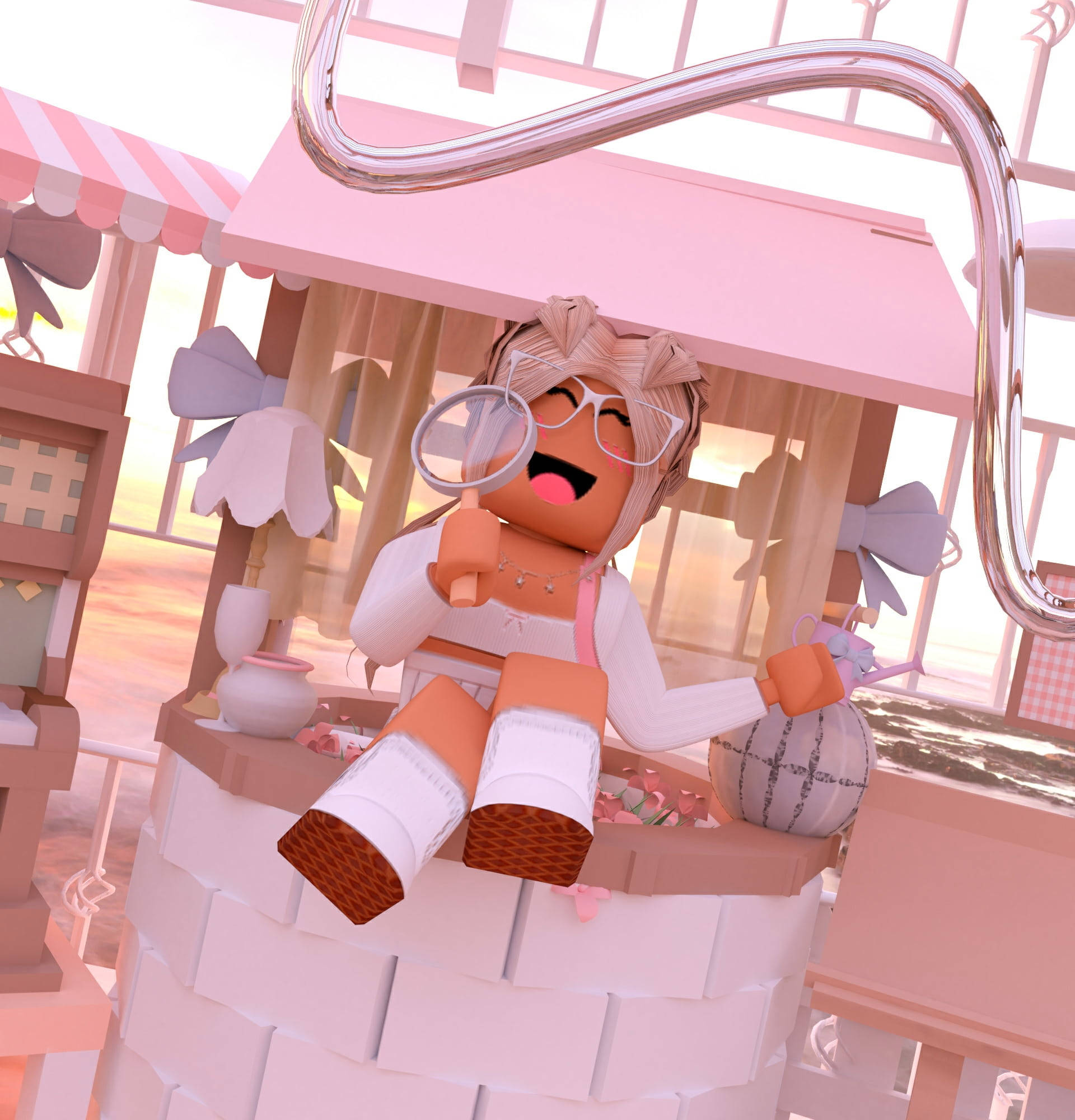 Roblox 桌布 壁紙 — 一個戴眼鏡、粉紅色頭髮的開心Roblox角色坐在粉紅色糖果攤上，手持放大鏡。