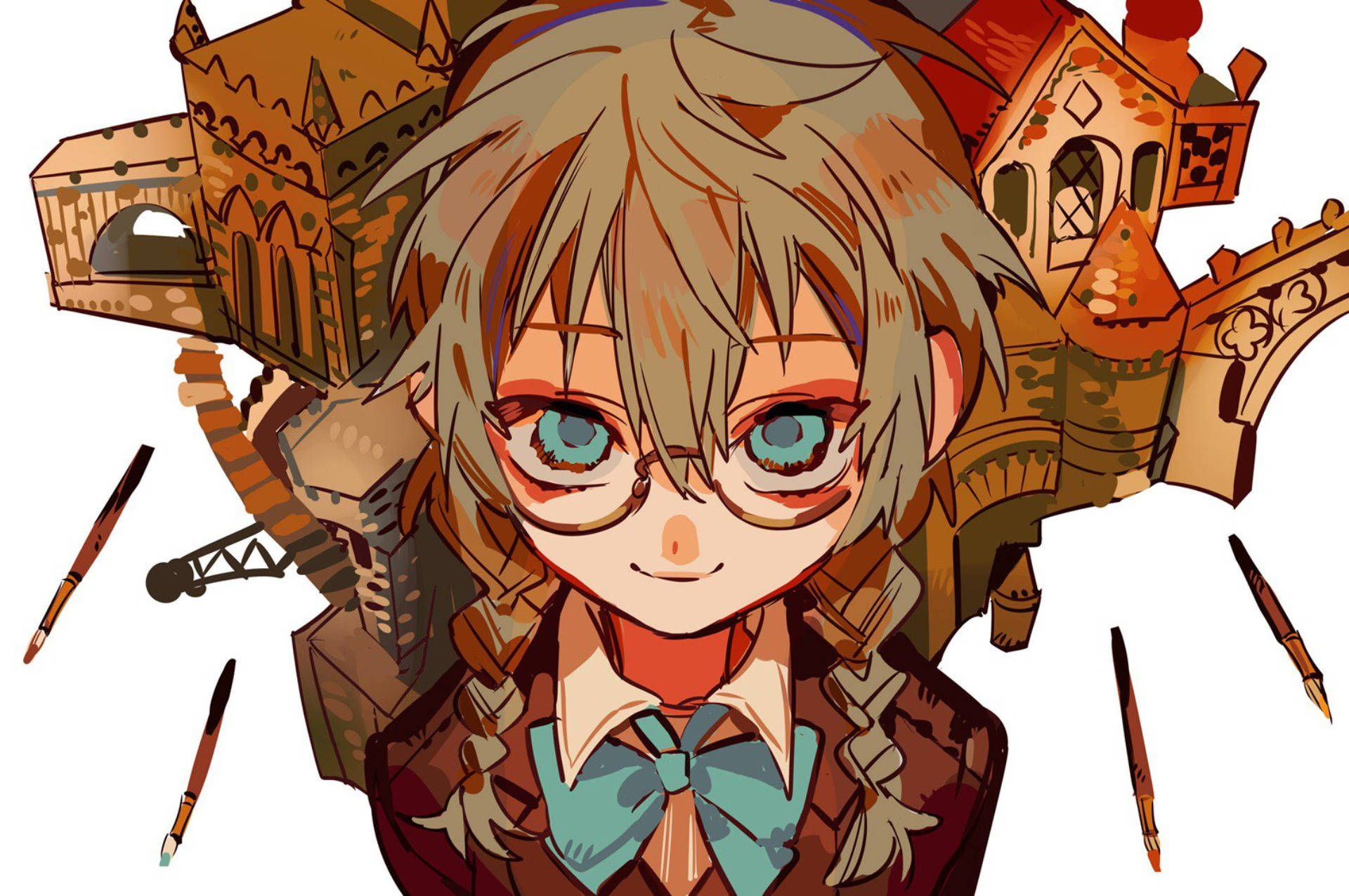 hanako 桌布 壁紙 — 一個戴眼鏡、紮辮子的開朗動畫女孩微笑著，漂浮的城堡碎片和畫筆在她周圍旋轉。
