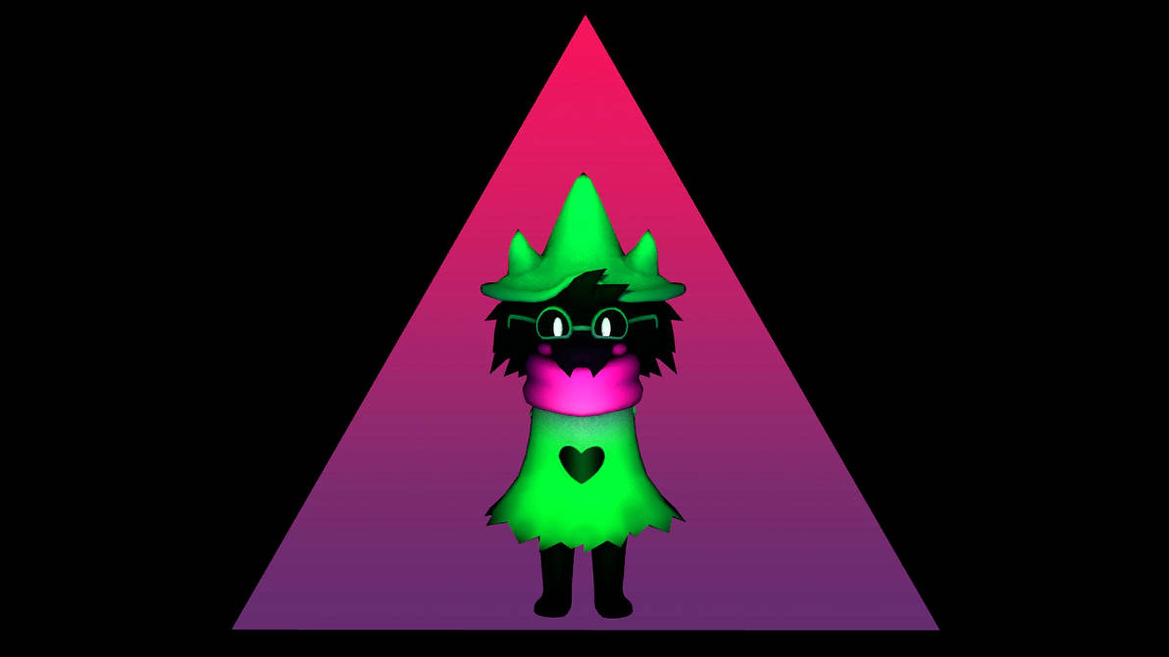 Ralsei 桌布 壁紙 — 一個戴眼鏡、身穿心形裙的發光綠色卡通女巫，站在黑色背景上的粉紫色三角形聚光燈內。