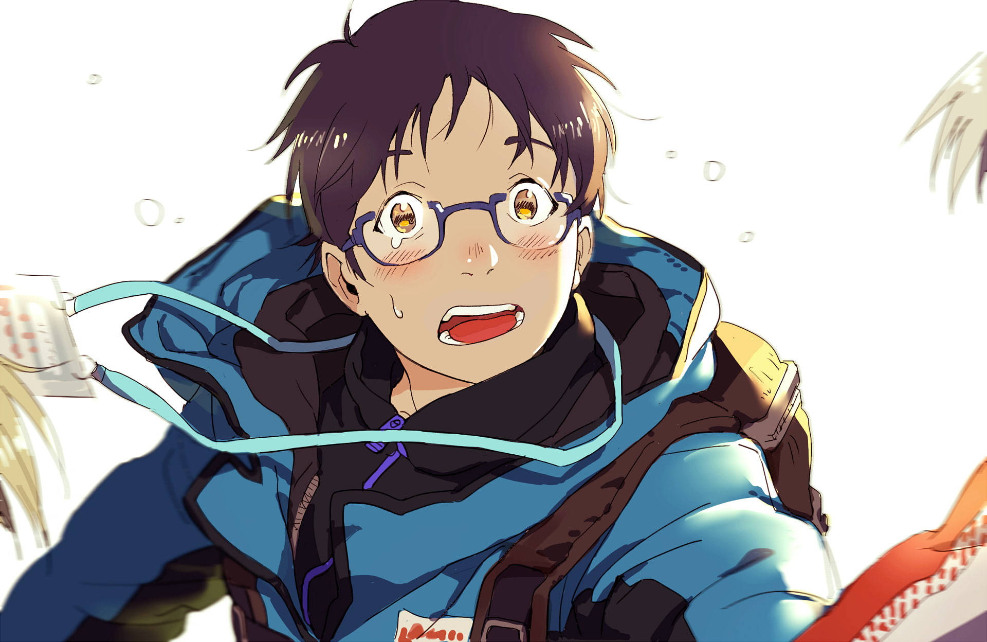 yuri 桌布 壁紙 — 一個戴眼鏡、身穿藍色外套的動漫男孩，被電纜纏住脖子，露出震驚的表情。