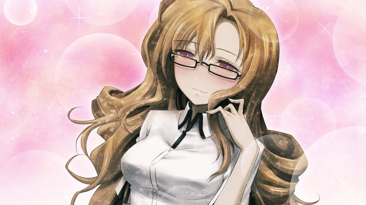 Moeka Kiryu 桌布 壁紙 — 一個戴眼鏡、長棕色頭髮的開朗動漫女孩，在柔和的粉紅色泡泡背景上溫柔地微笑。