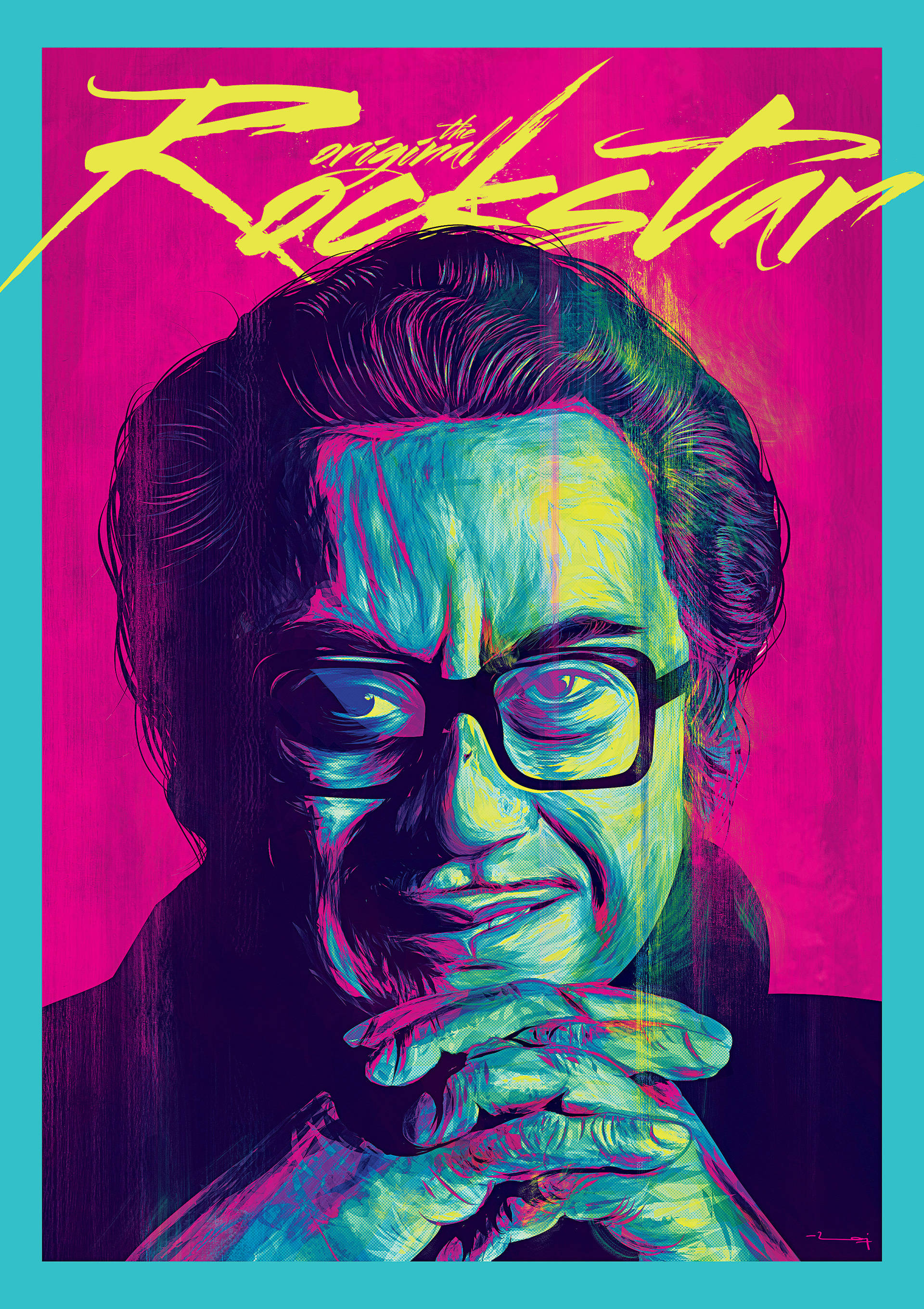 Kishore Kumar 桌布 壁紙 — 一個戴眼鏡、雙手合十的男士風格肖像，背景為充滿活力的粉紅色和青綠色，並帶有 'original Rockstar' 文字。