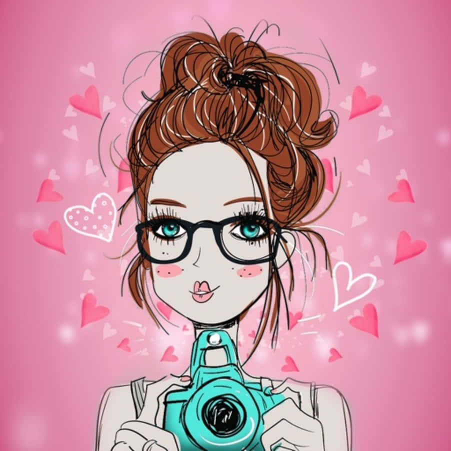 可愛女生 桌布 壁紙 — 一個戴眼鏡、頭髮亂紮成髮髻的開心動漫女孩，在充滿愛心的粉紅色背景前拿著一部青綠色相機。