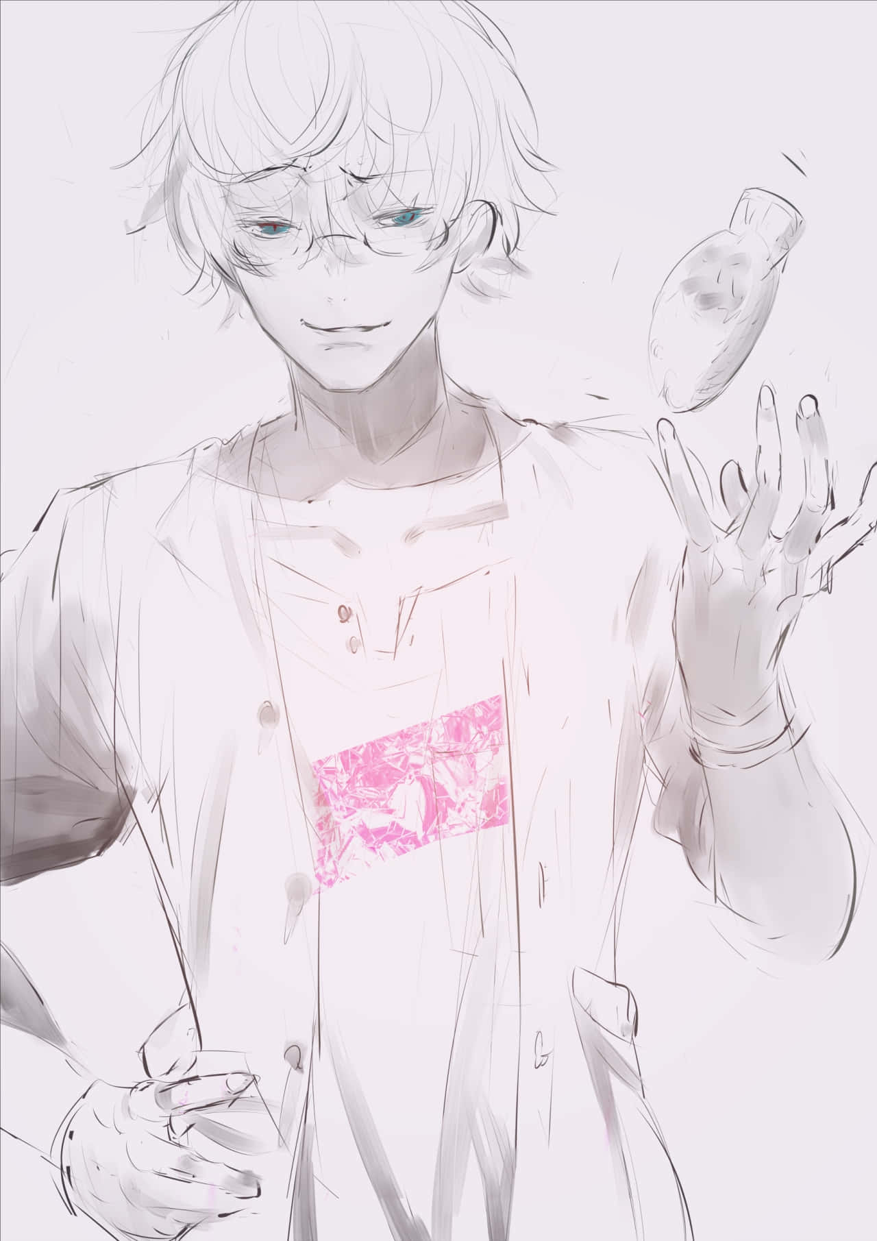 Nishiki Nishio 桌布 壁紙 — 一個戴眼鏡、頭髮凌亂的年輕動漫男孩，穿著帶有粉紅色補丁的實驗室外套，拿著一個瓶子。