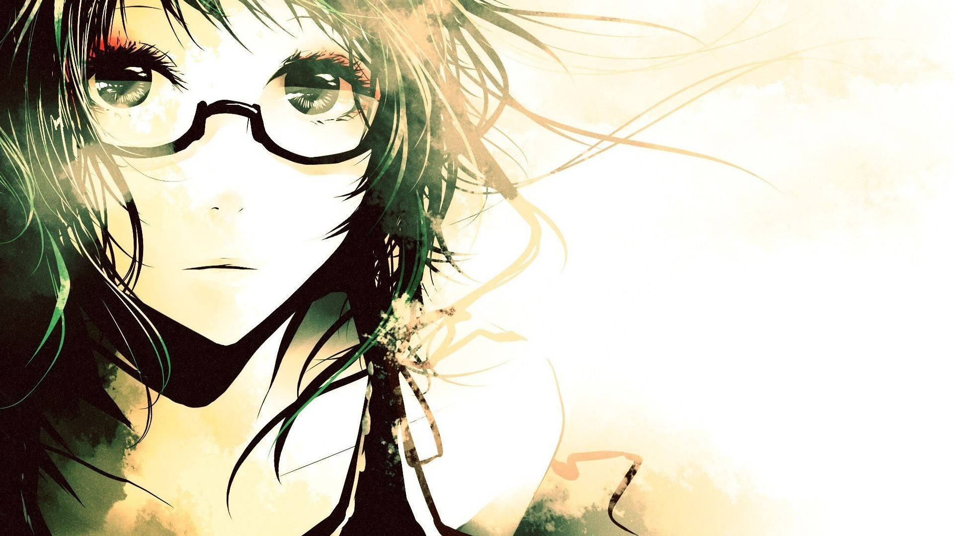 Chill Anime 桌布 壁紙 — 一個戴眼鏡、頭髮被風吹起的動漫女孩特寫，在明亮模糊的背景前柔和地發光。