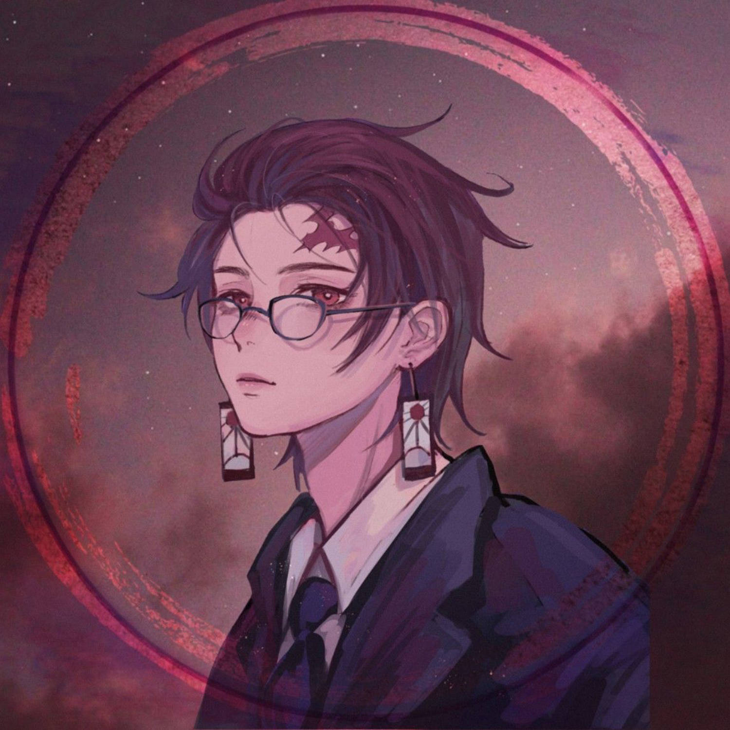tanjiro pfp 桌布 壁紙 — 一個戴眼鏡、額頭上有紅色標記的風格化動漫角色，站在深紫色和紅色的宇宙環形背景前。