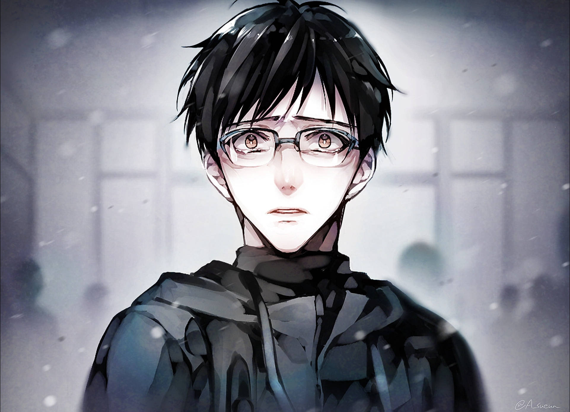 yuri 桌布 壁紙 — 一個戴眼鏡、黑髮的年輕動漫男孩站在一個有雪、模糊的室內環境中，光線柔和。