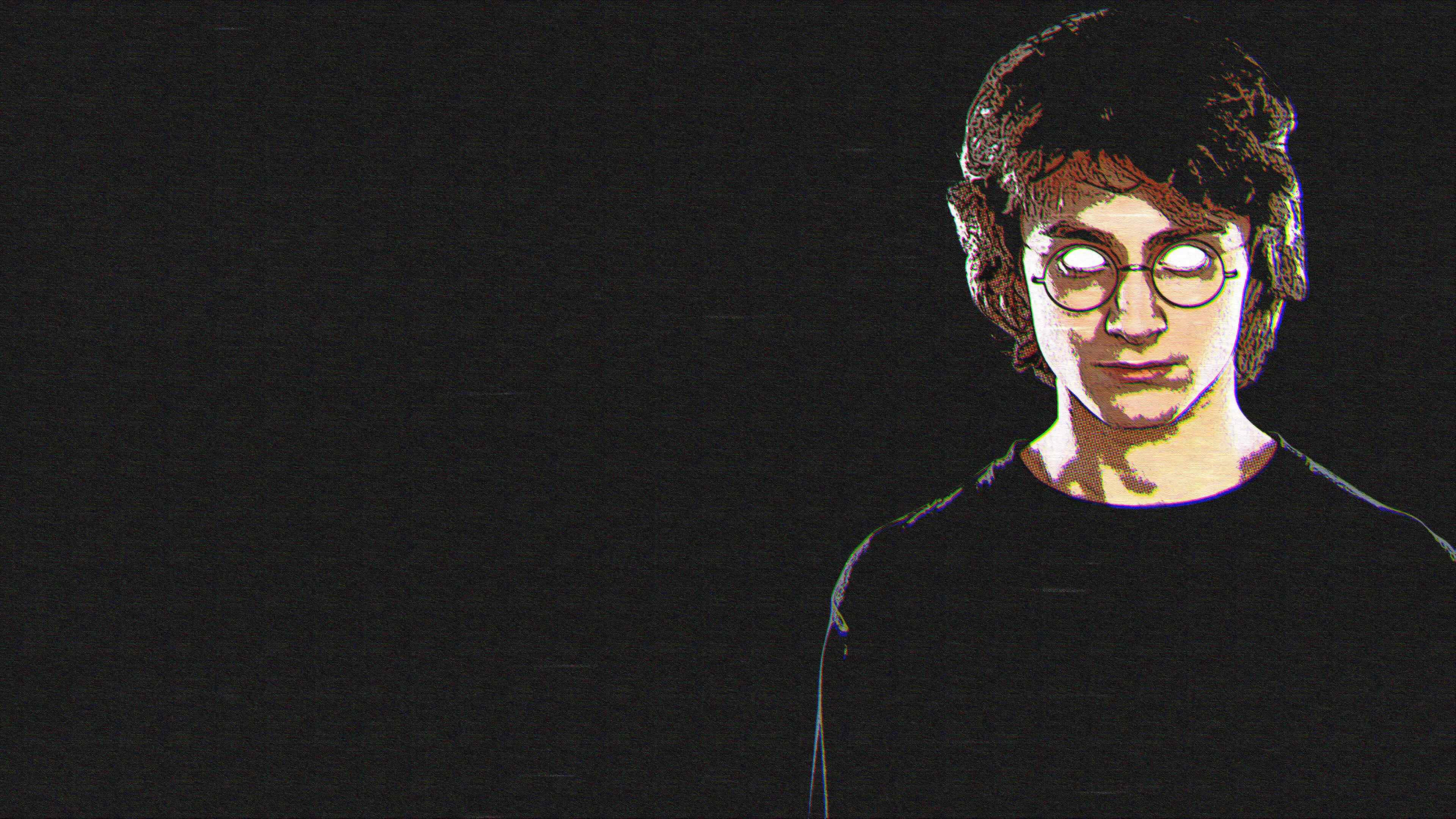 Harry Potter 4K 桌布 壁紙 — 一個戴眼鏡、黑髮的年輕男子，在黑色背景上帶有發光眼睛的風格化插圖。