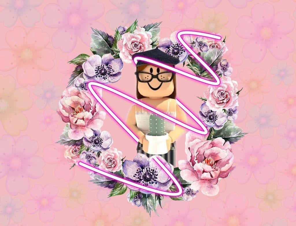 online 桌布 壁紙 — 一個戴眼鏡和帽子的Roblox虛擬角色，在粉彩花卉背景上，手持一個被粉紅色和紫色花朵花環包圍的仙人掌。