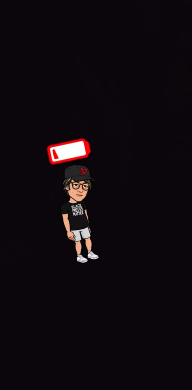 Animated 桌布 壁紙 — 一個戴眼鏡和帽子的卡通男孩站在黑色背景前，頭上漂浮著一個紅色的低電量圖標。